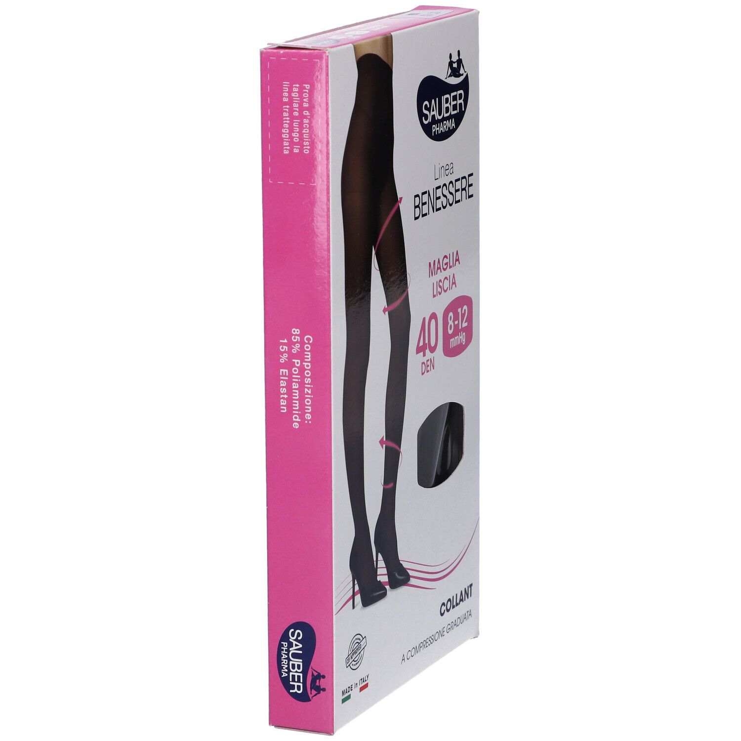 Confezione collant neri Sauber Pharma, linea Benessere. 40 DEN, 8-12 mmHg. Made in Italy. Vista laterale.