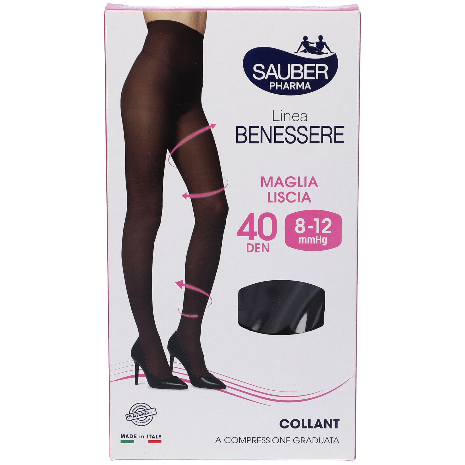Confezione collant neri Sauber Pharma, linea Benessere. 40 DEN, 8-12 mmHg. Made in Italy.