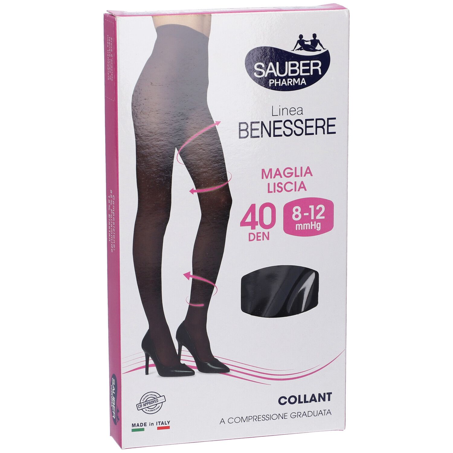 Confezione collant neri Sauber Pharma, linea Benessere. 40 DEN, 8-12 mmHg. Made in Italy. Superficie strutturata.