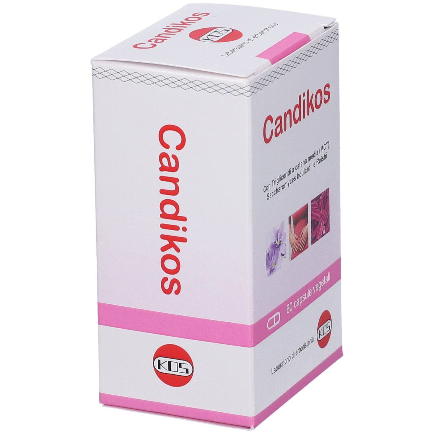 Scatola Candikos, 60 capsule. Logo e nome del prodotto. Testo con ingredienti e informazioni.