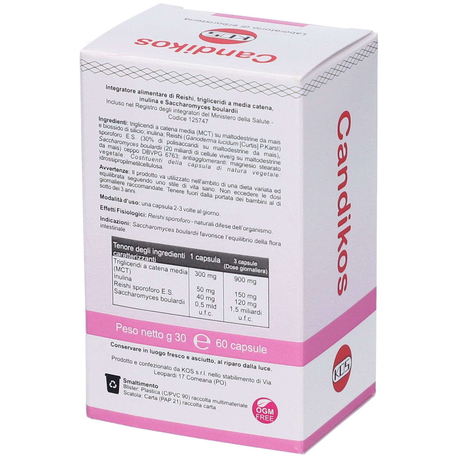 Scatola Candikos. Retro con ingredienti, dosaggio e informazioni nutrizionali. 60 capsule.