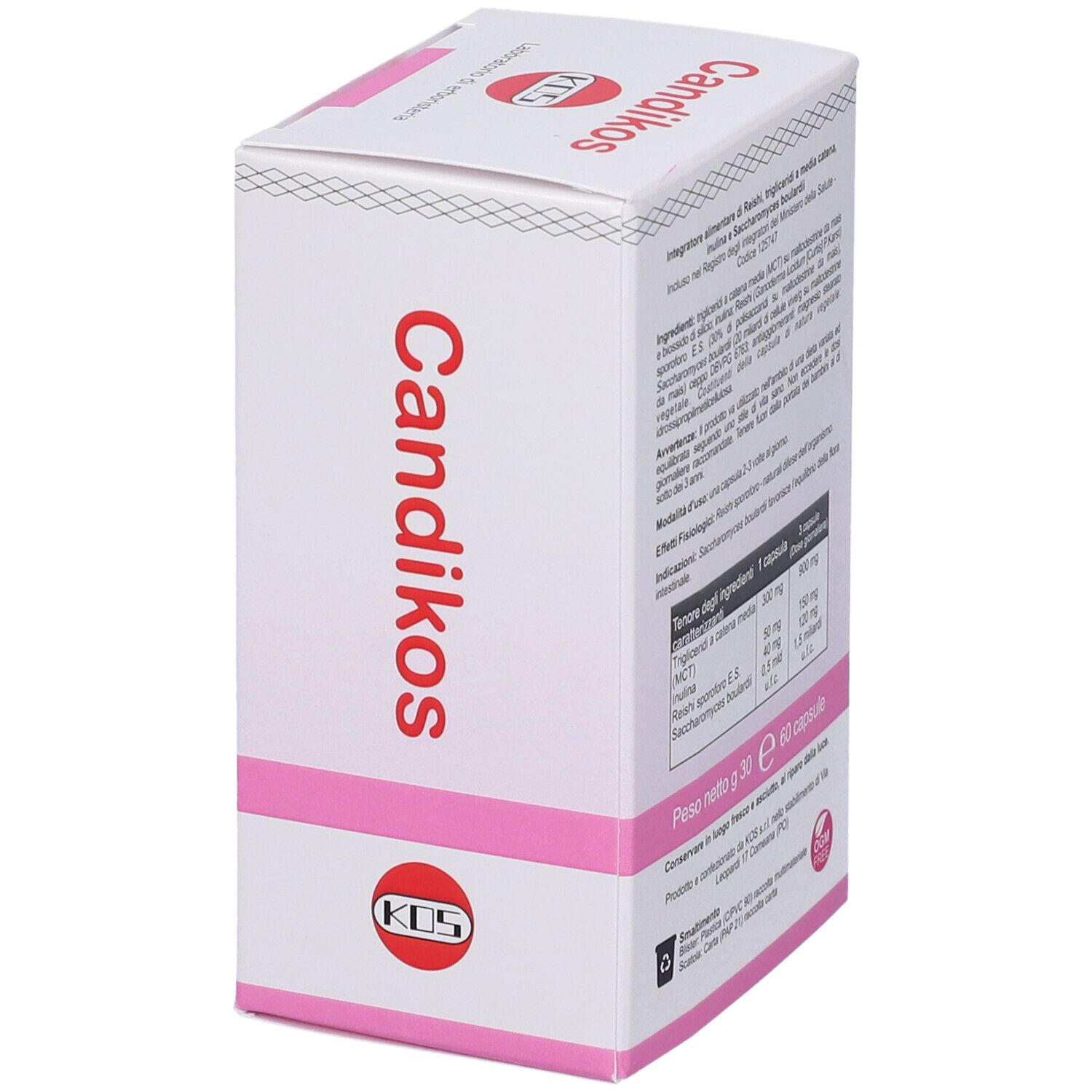Scatola Candikos. Retro con ingredienti e informazioni. 60 capsule.
