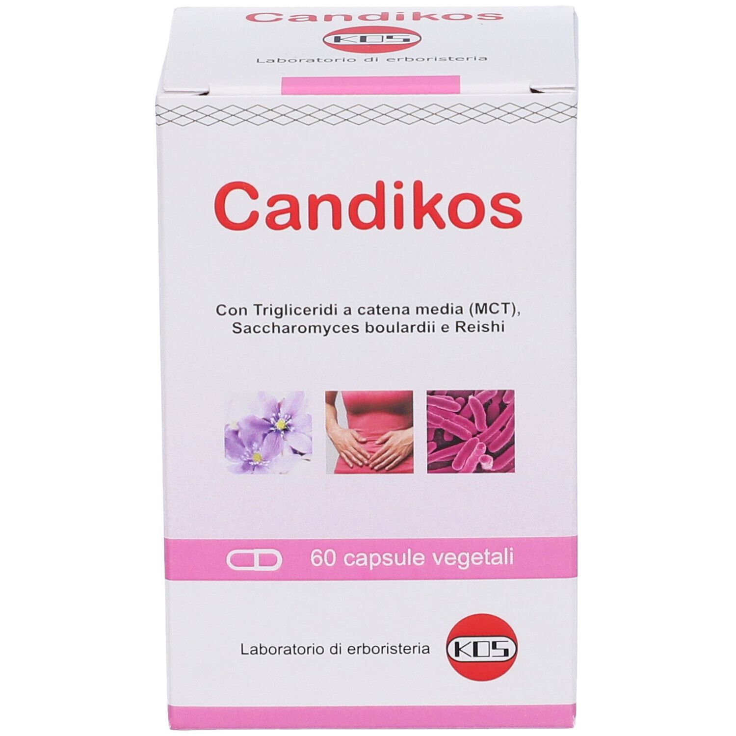 Scatola Candikos con 60 capsule. Nome del prodotto e ingredienti. Immagini di fiori, stomaco e capsule.