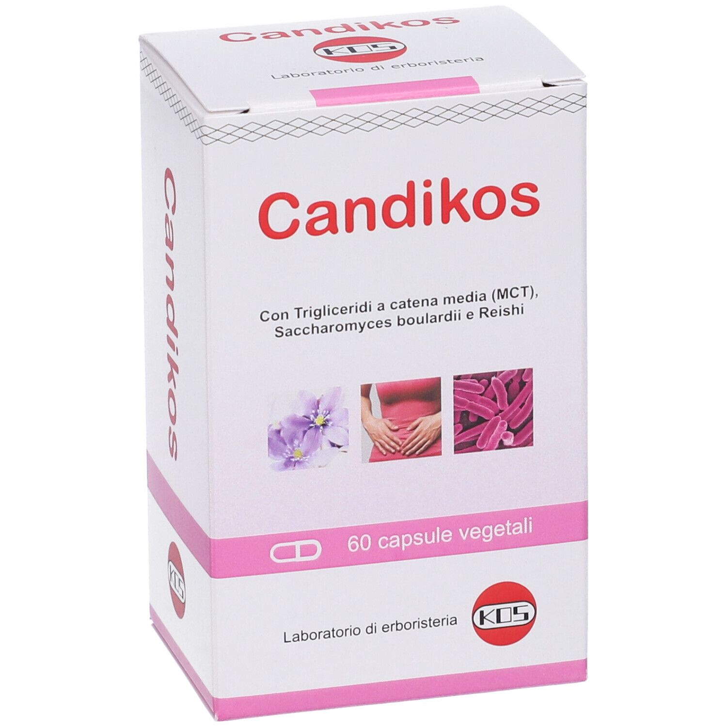 Scatola Candikos con 60 capsule. Nome del prodotto e ingredienti. Immagini di fiori, stomaco e capsule.