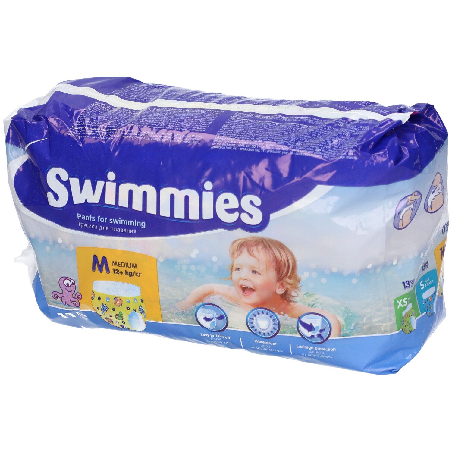 Confezione di Swimmies Pants per il nuoto. Taglia M, 12+ kg, 13 pezzi. Bambino sulla confezione.