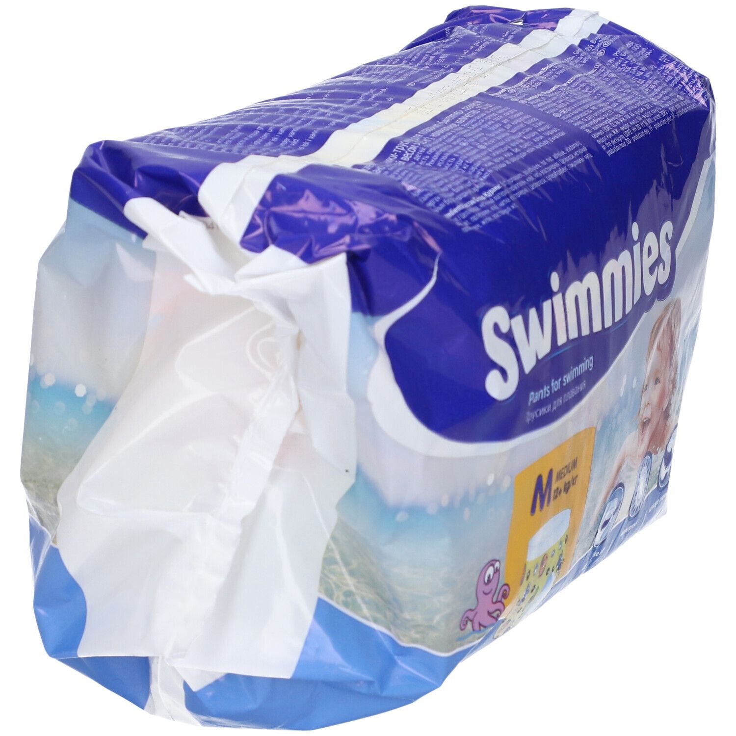 Confezione aperta di Swimmies Pants. I pannolini sono parzialmente visibili.