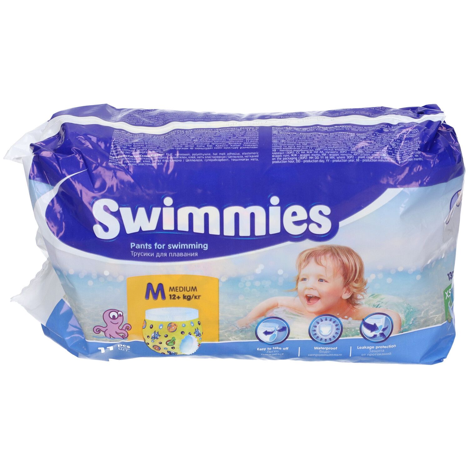 Confezione di Swimmies Pants per il nuoto. Taglia M, 12+ kg, 11 pezzi. Bambino sulla confezione.