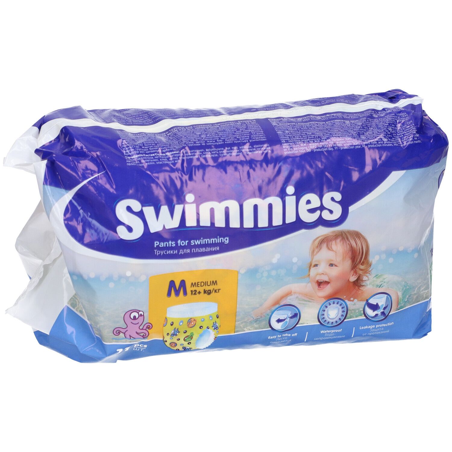 Confezione di Swimmies Pants per il nuoto. Taglia M, 12+ kg, 11 pezzi. Bambino sulla confezione.