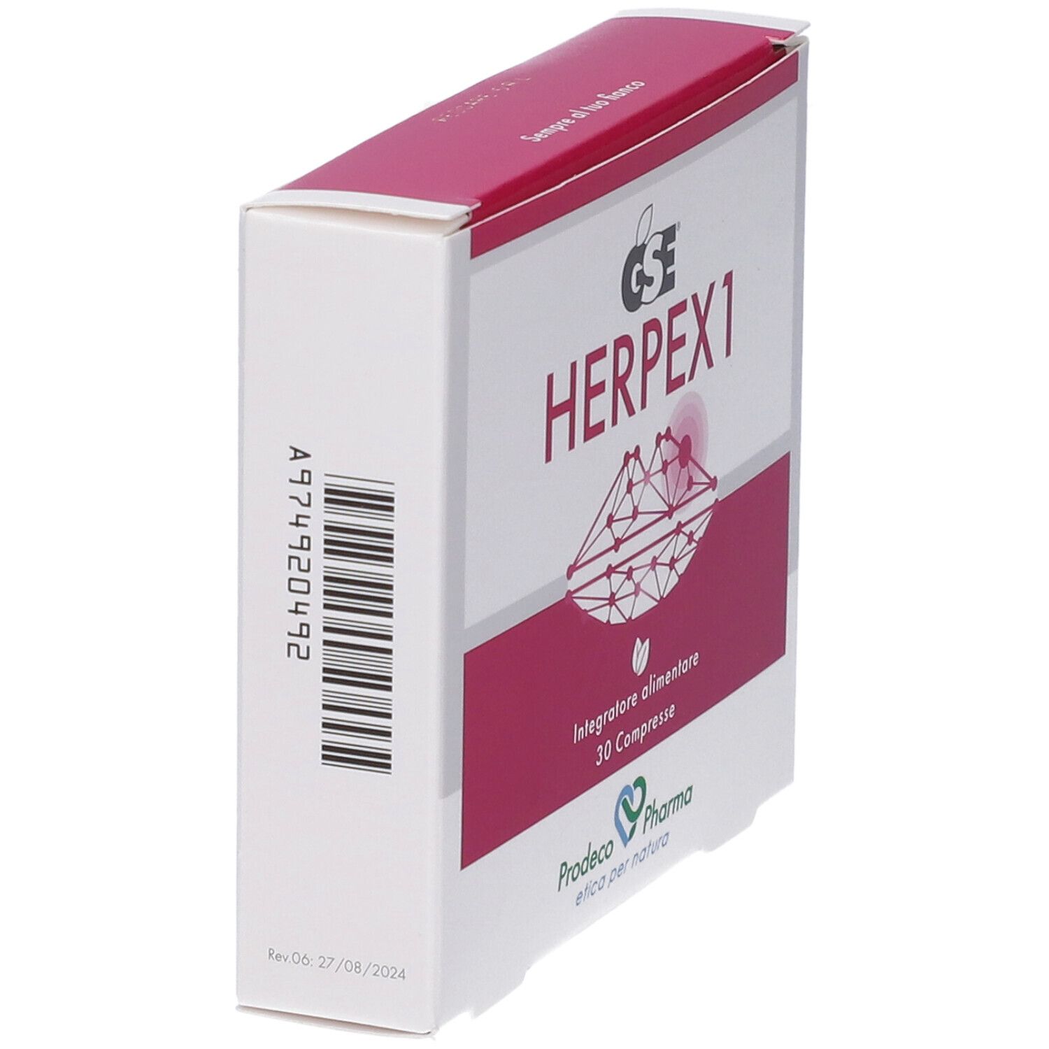 Vista laterale della confezione GSE Herpex 1. Bianca con fascia rossa. Codice a barre e informazioni stampate.
