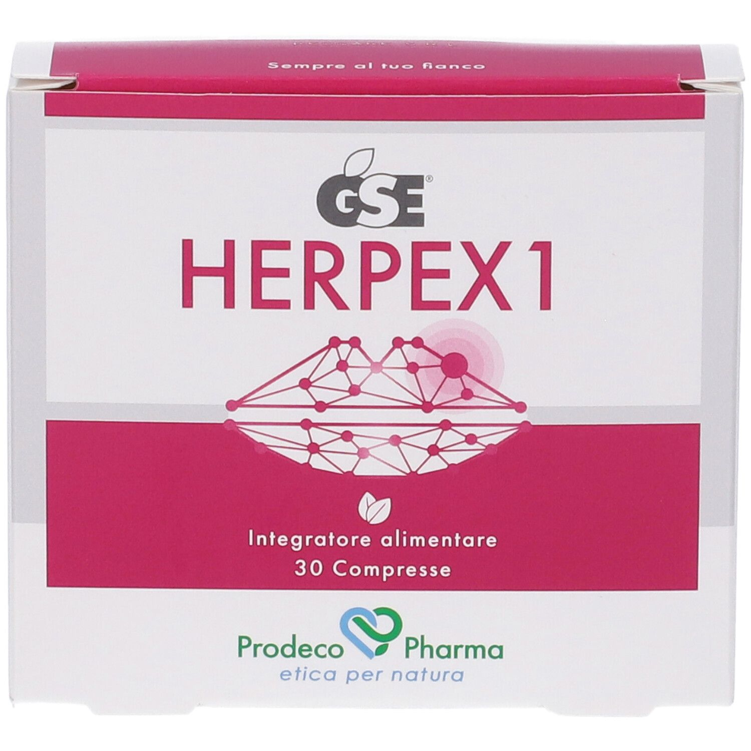Confezione GSE Herpex 1. Confezione rossa e bianca. Contiene 30 compresse. Logo e nome del prodotto visibili.