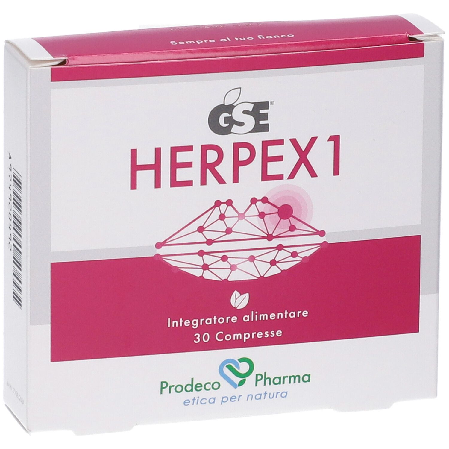 Confezione GSE Herpex 1. Confezione rossa e bianca. Contiene 30 compresse. Logo e nome del prodotto visibili.