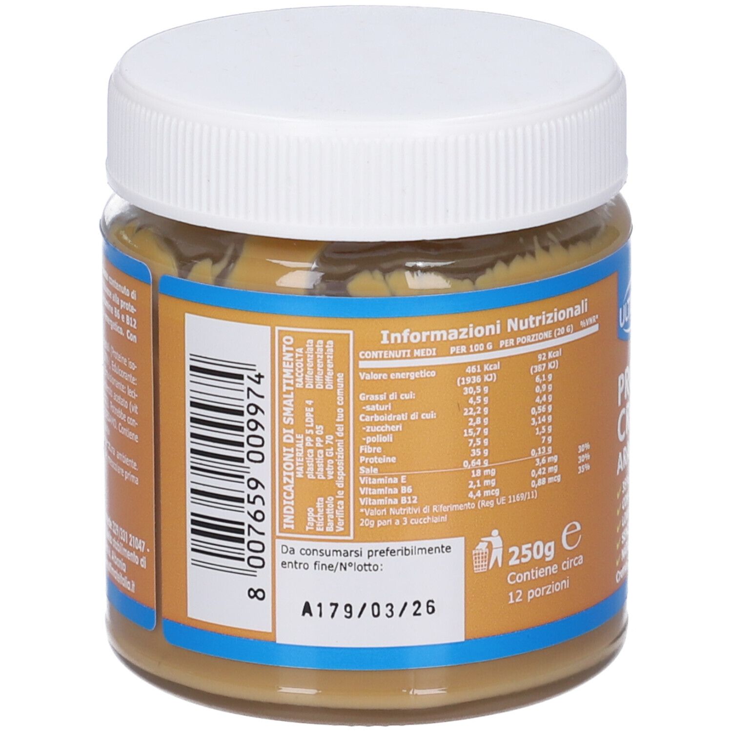 Retro del vasetto di crema proteica. Contiene informazioni nutrizionali e data di scadenza. 250g. 12 porzioni.
