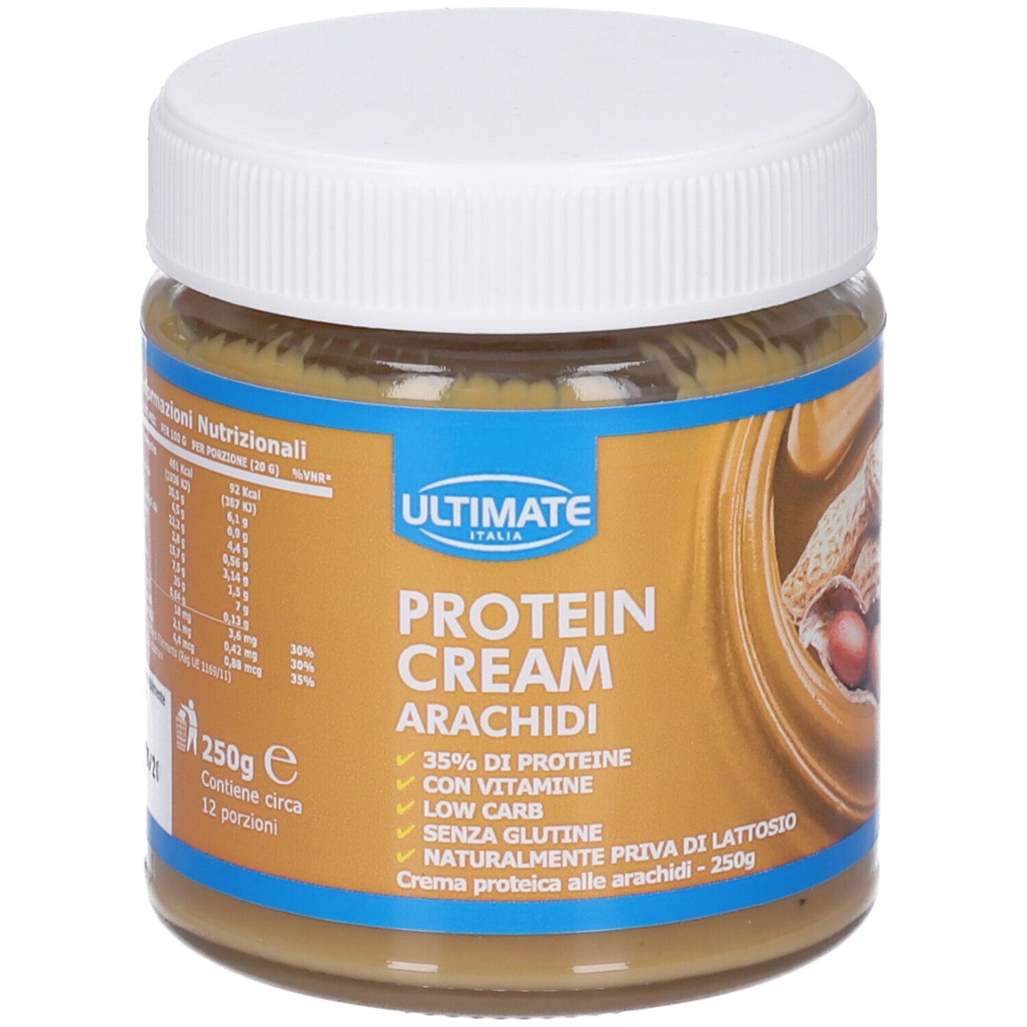 Vaso di crema proteica ULTIMATE PROTEIN CREAM ARACHIDI. Contiene 35% proteine, vitamine, low carb, senza glutine, senza lattosio. 250g. Immagine arachidi.