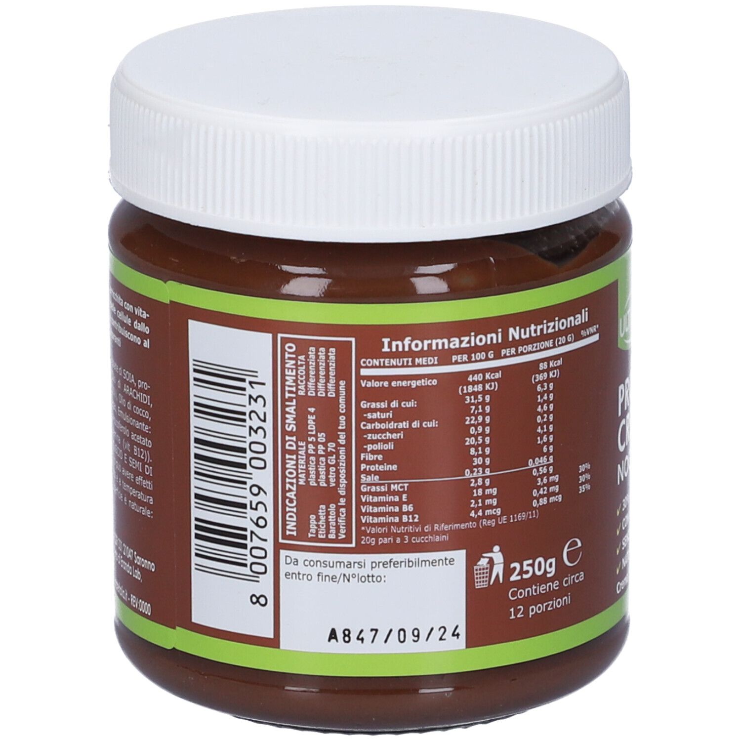 Retro del barattolo. Informazioni nutrizionali, ingredienti, data di scadenza. Etichetta marrone con testo bianco. 250g, 12 porzioni.