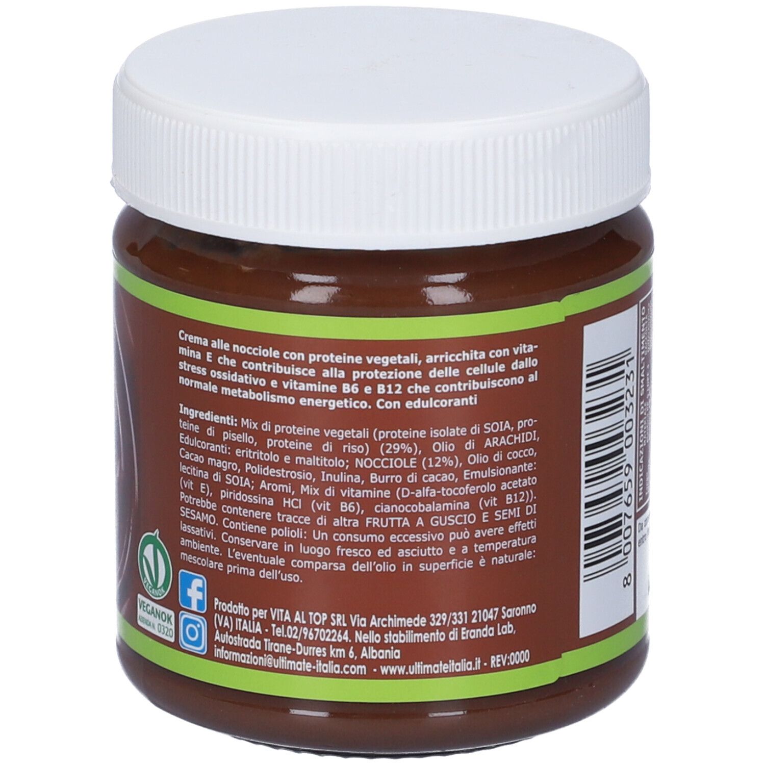 Retro del barattolo. Ingredienti, informazioni nutrizionali, contatti. Etichetta marrone con testo bianco. Logo vegano.