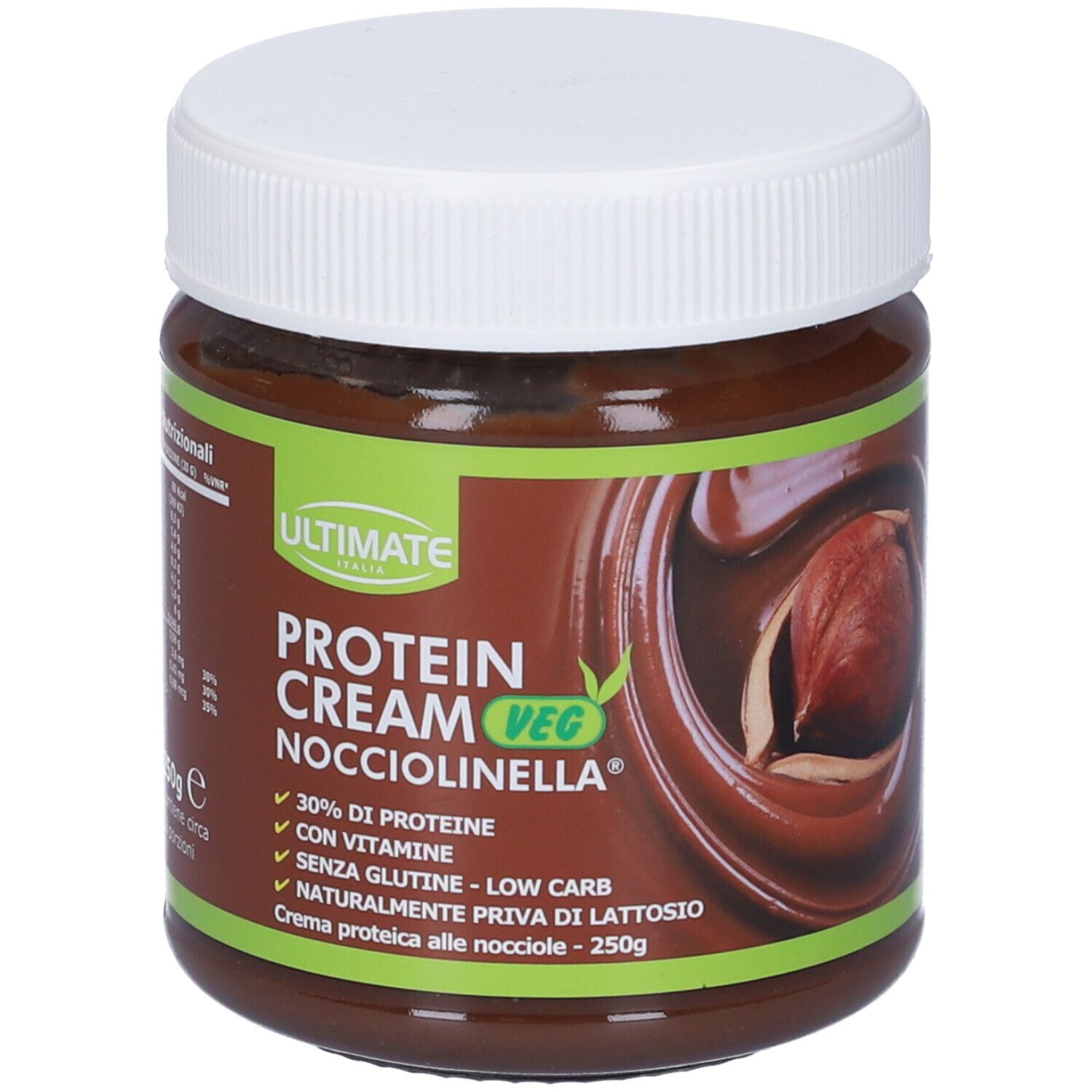 Barattolo marrone con coperchio bianco. Scritta: ULTIMATE Protein Cream Veg Nocciolinella. 250g. Illustrazione di nocciola.