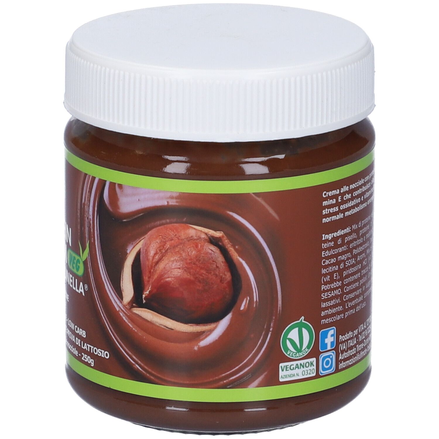 Retro del barattolo. Ingredienti, contatti. Logo vegano. Illustrazione di nocciola. Etichetta marrone con testo bianco.