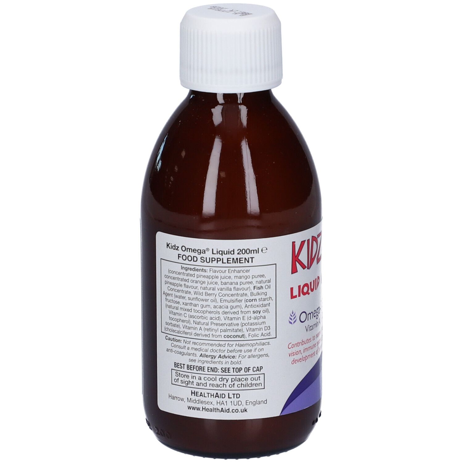 Retro della bottiglia marrone con tappo bianco. Elenco ingredienti, avvertenze. Marchio: HealthAid. Scritta: Kidz Omega Liquid 200ml.