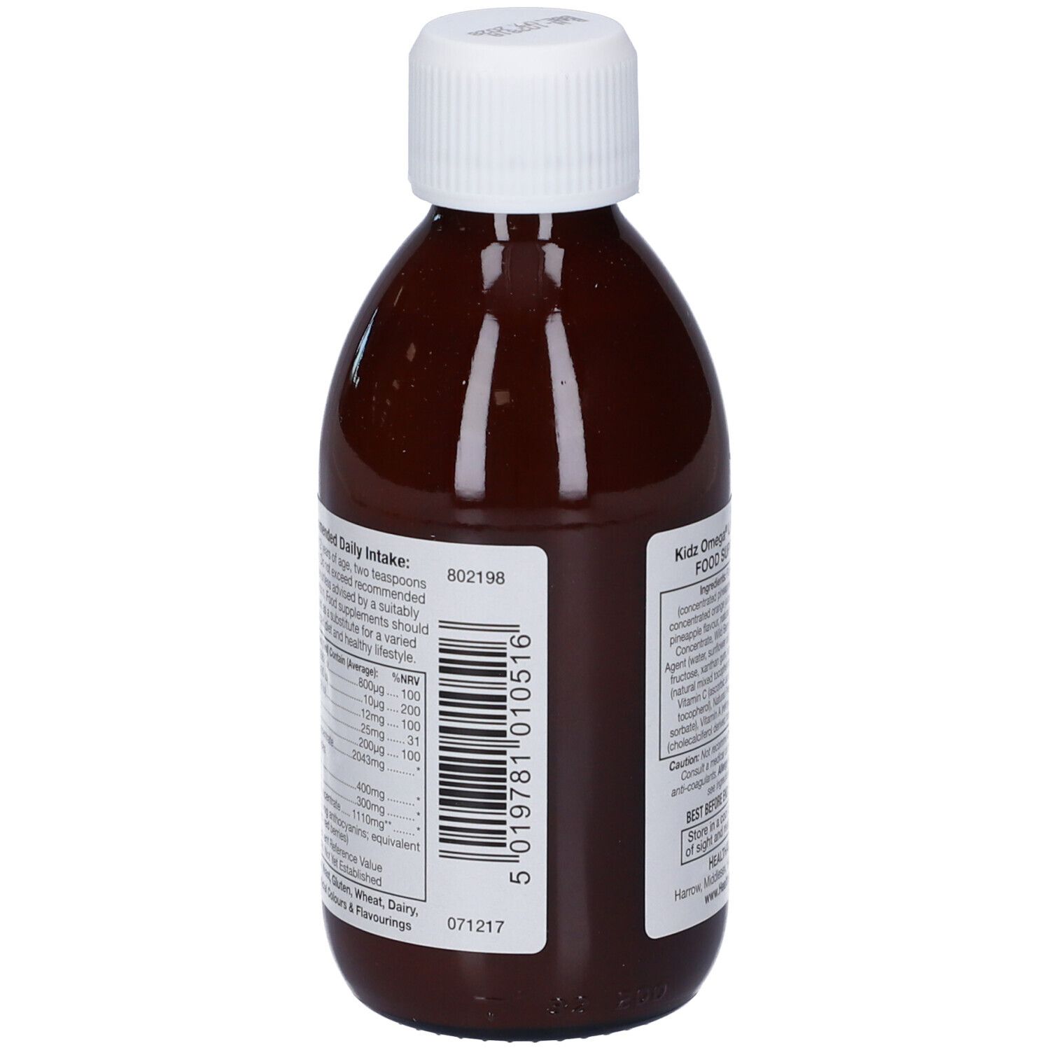 Retro della bottiglia marrone con tappo bianco. Informazioni sull'assunzione giornaliera. Scritta: Kidz Omega Liquid, 200ml.