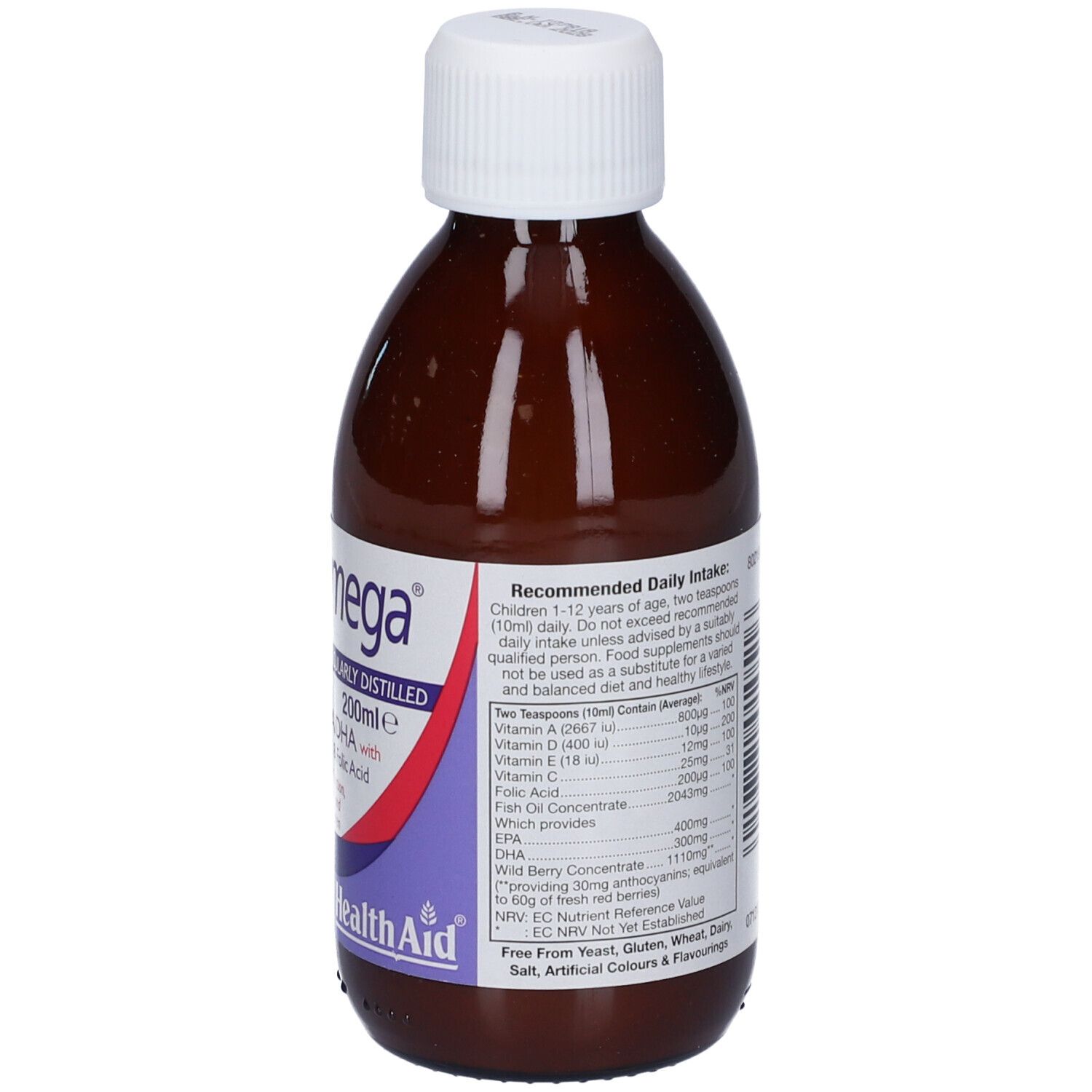 Bottiglia marrone con tappo bianco. Scritta: KIDZ Omega Liquid, Omega-3 EPA/DHA, vitamine, acido folico. Marchio: HealthAid. 200ml.