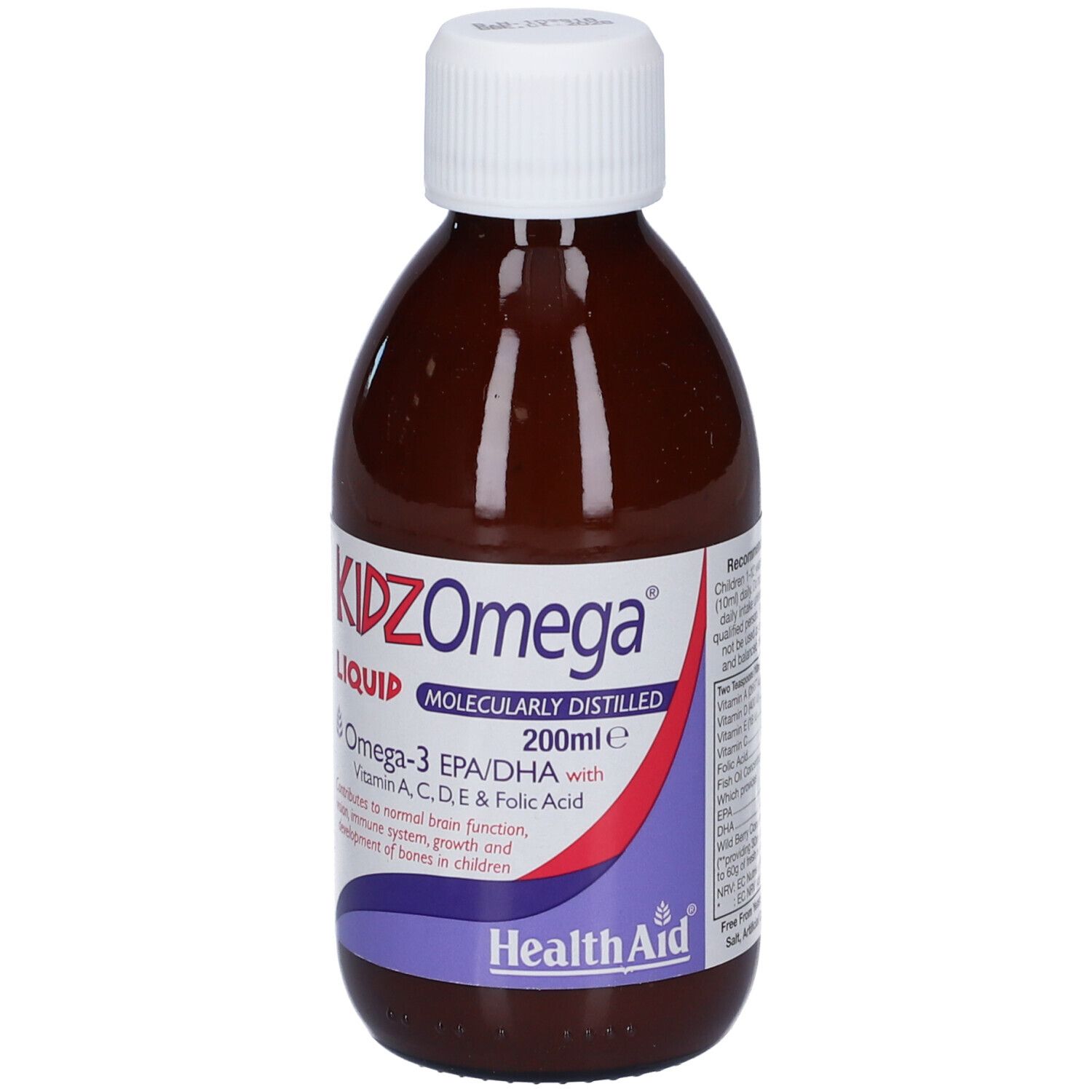 Bottiglia marrone con tappo bianco. Scritta: KIDZ Omega Liquid, Omega-3 EPA/DHA, vitamine, acido folico. Marchio: HealthAid. 200ml.