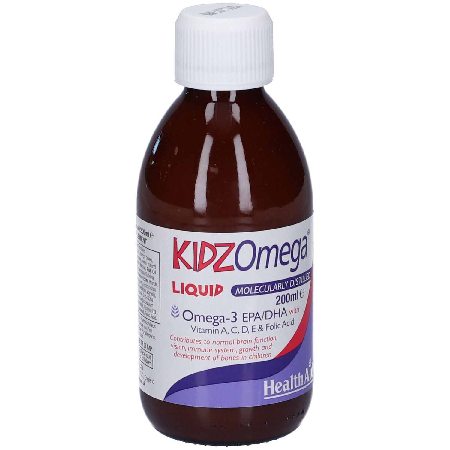 Bottiglia marrone con tappo bianco. Scritta: KIDZ Omega Liquid, Omega-3 EPA/DHA, vitamine, acido folico. Marchio: HealthAid. 200ml.
