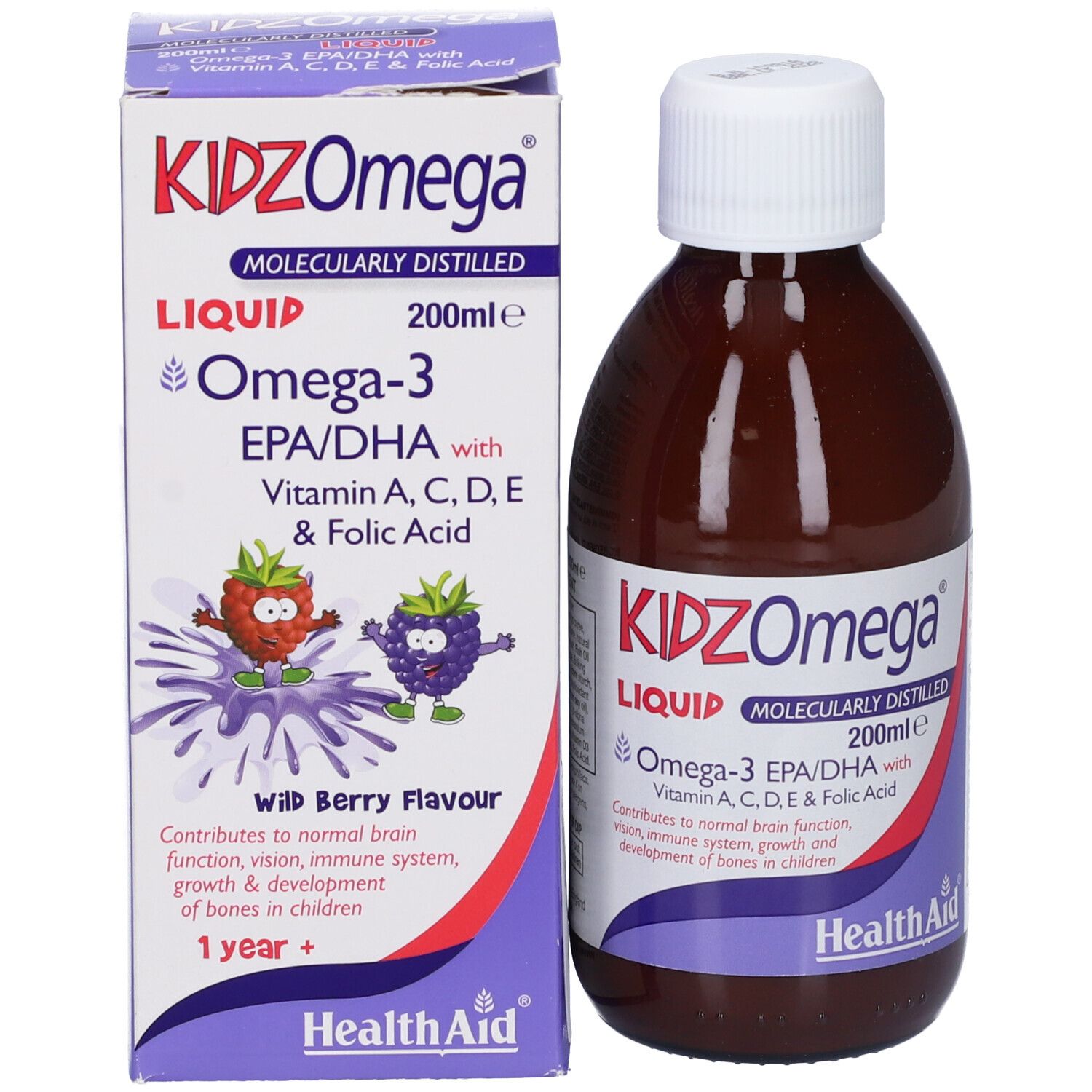 Prodotto e confezione. Bottiglia e scatola. Scritta: KIDZ Omega Liquid, Omega-3 EPA/DHA, vitamine, acido folico. Marchio: HealthAid.