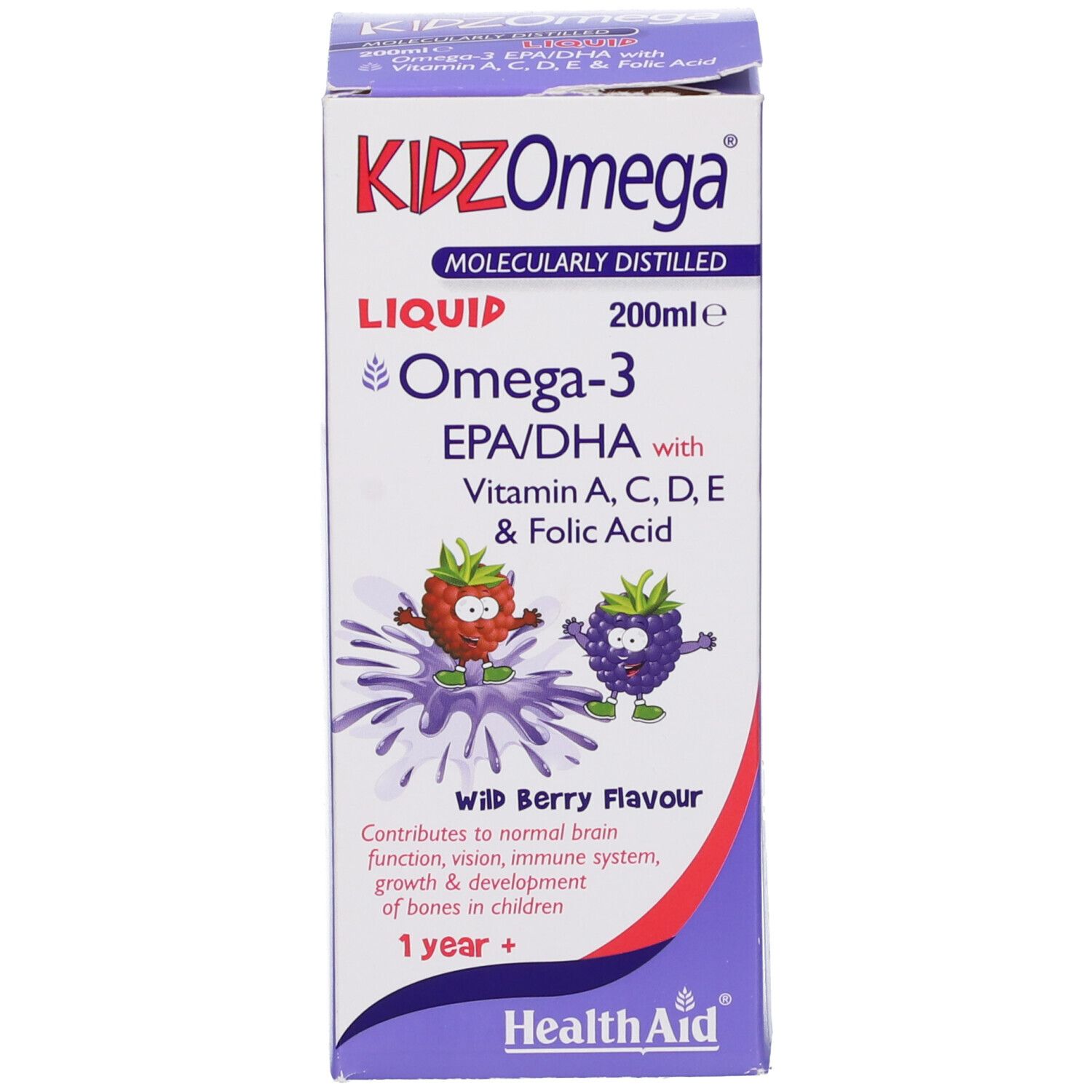 Confezione del prodotto. Scatola con scritta: KIDZ Omega Liquid, Omega-3 EPA/DHA, vitamine, acido folico. Marchio: HealthAid. Wild Berry Flavour.