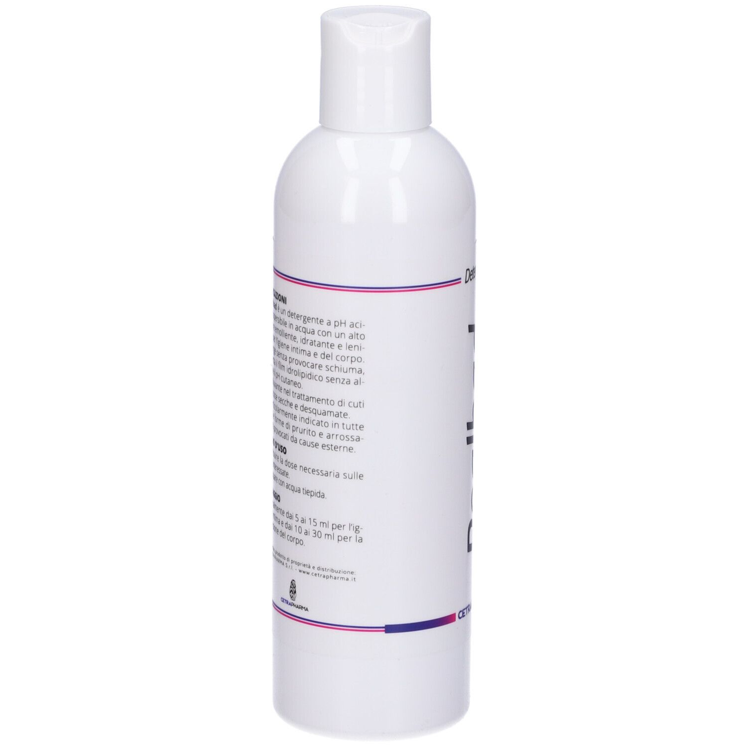 Flacone bianco con tappo bianco. Testo in italiano. Strisce viola. Nome del prodotto non visibile.