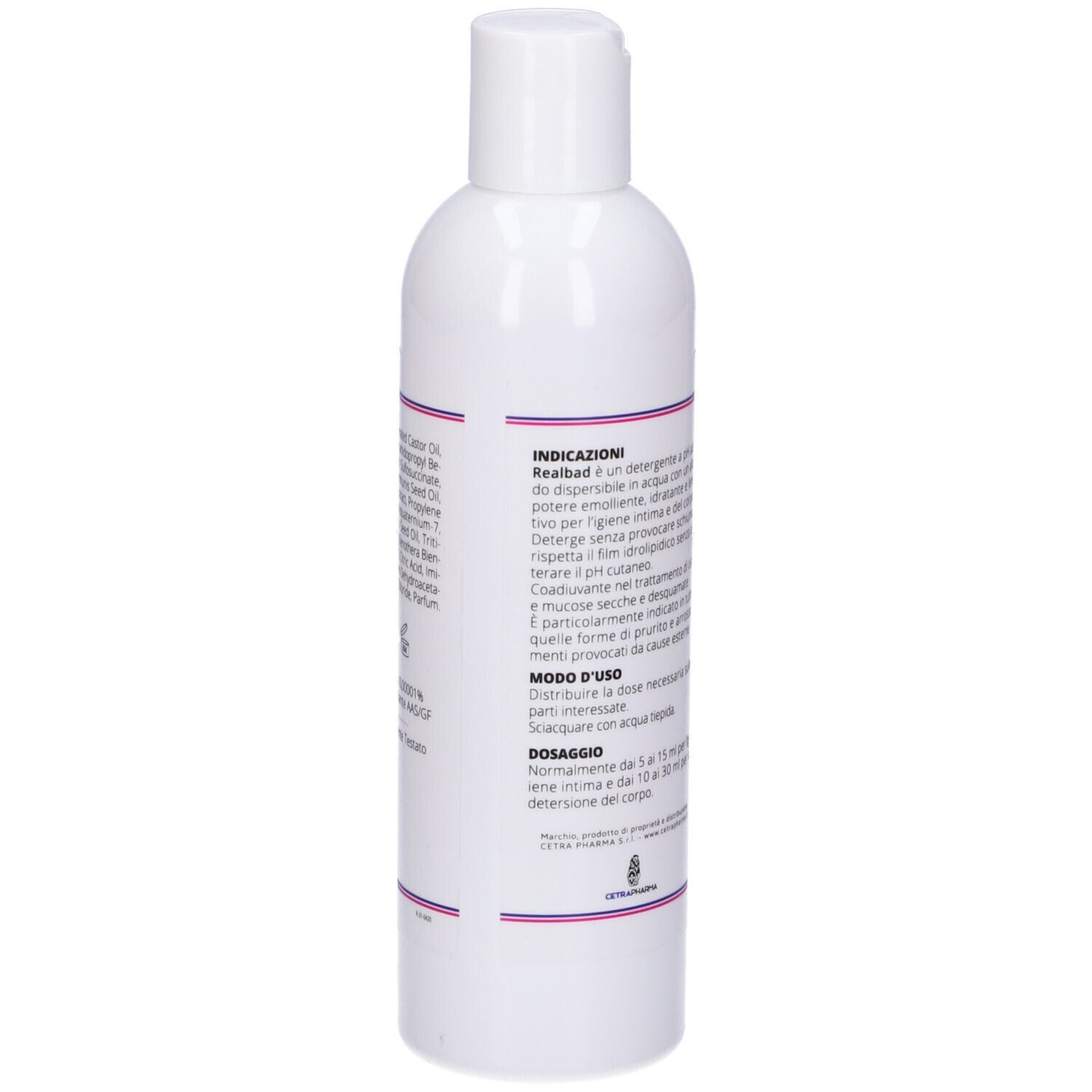 Flacone bianco con tappo bianco. Testo in italiano. Strisce viola. Nome del prodotto non visibile.