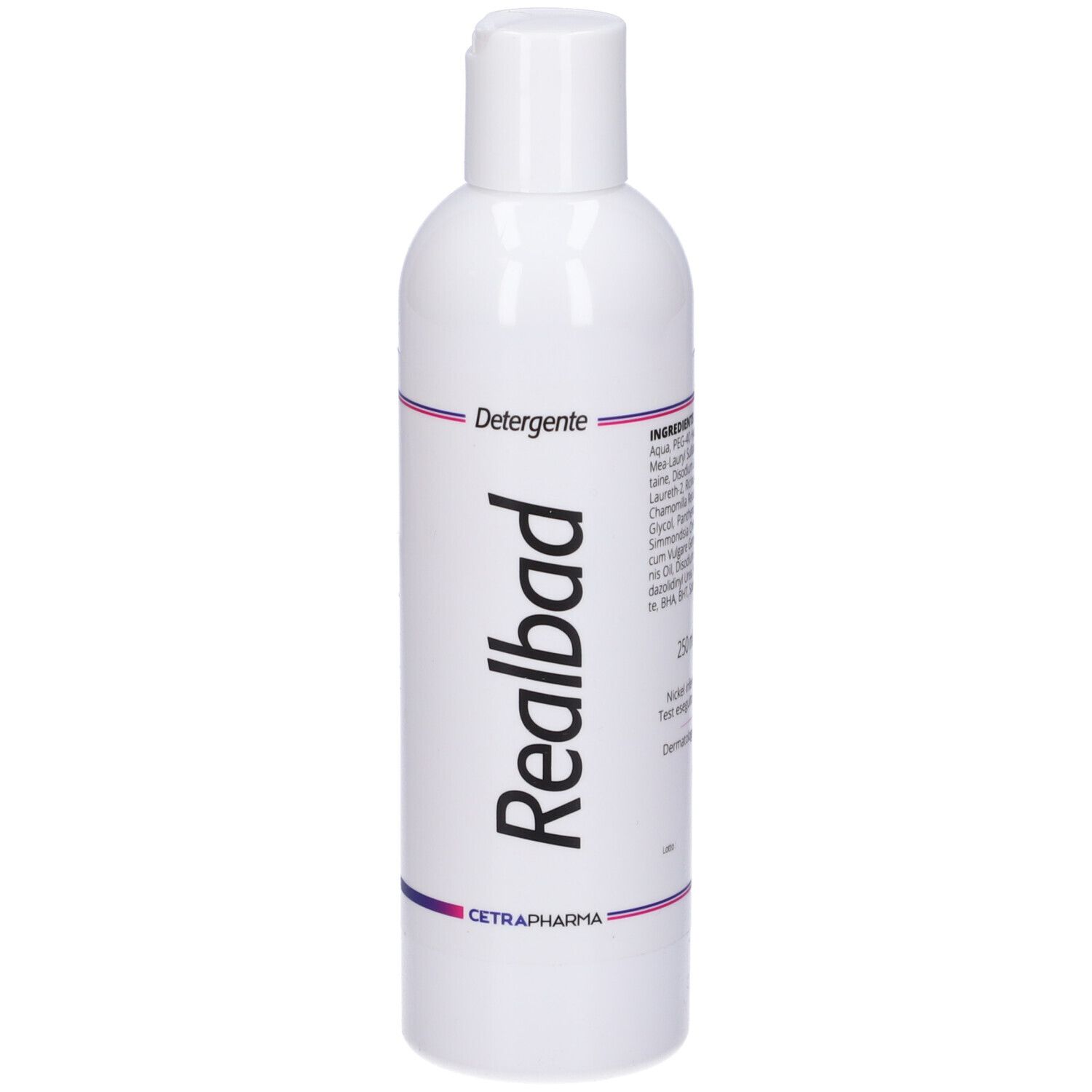 "Realbad" e "Detergente" visibili. Flacone bianco con tappo bianco. Strisce viola. 250 ml.