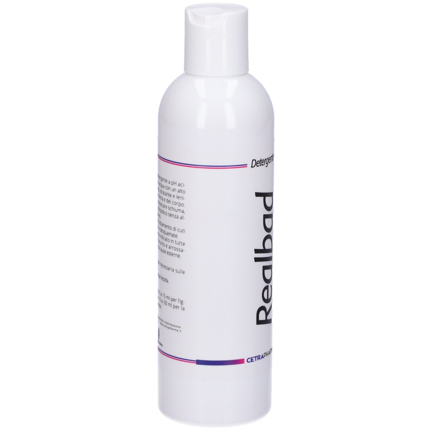 "Realbad" e "Detergente" visibili. Flacone bianco con tappo bianco. Strisce viola. 250 ml.