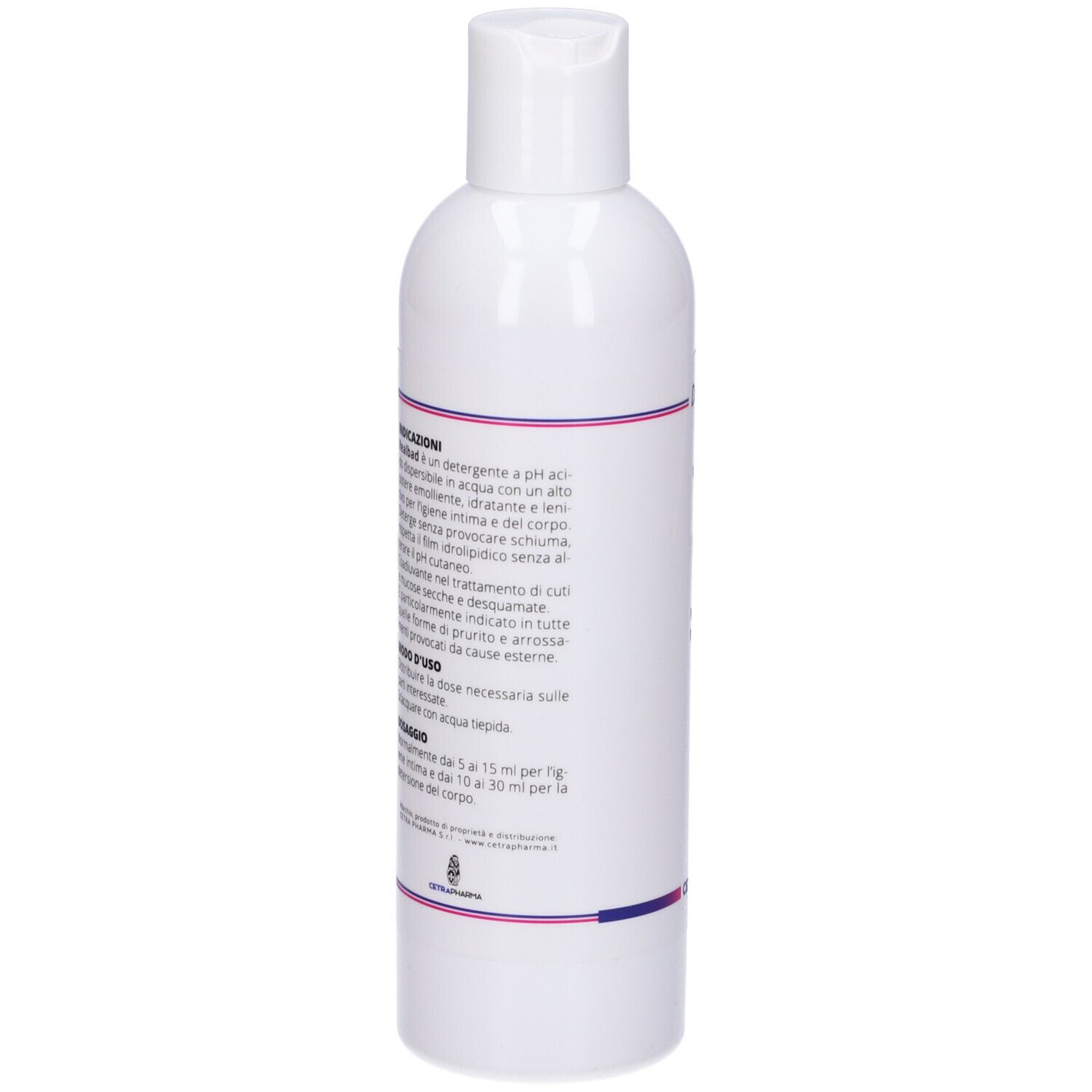 Flacone bianco con tappo bianco. Testo in italiano. Strisce viola. Nome del prodotto non visibile.