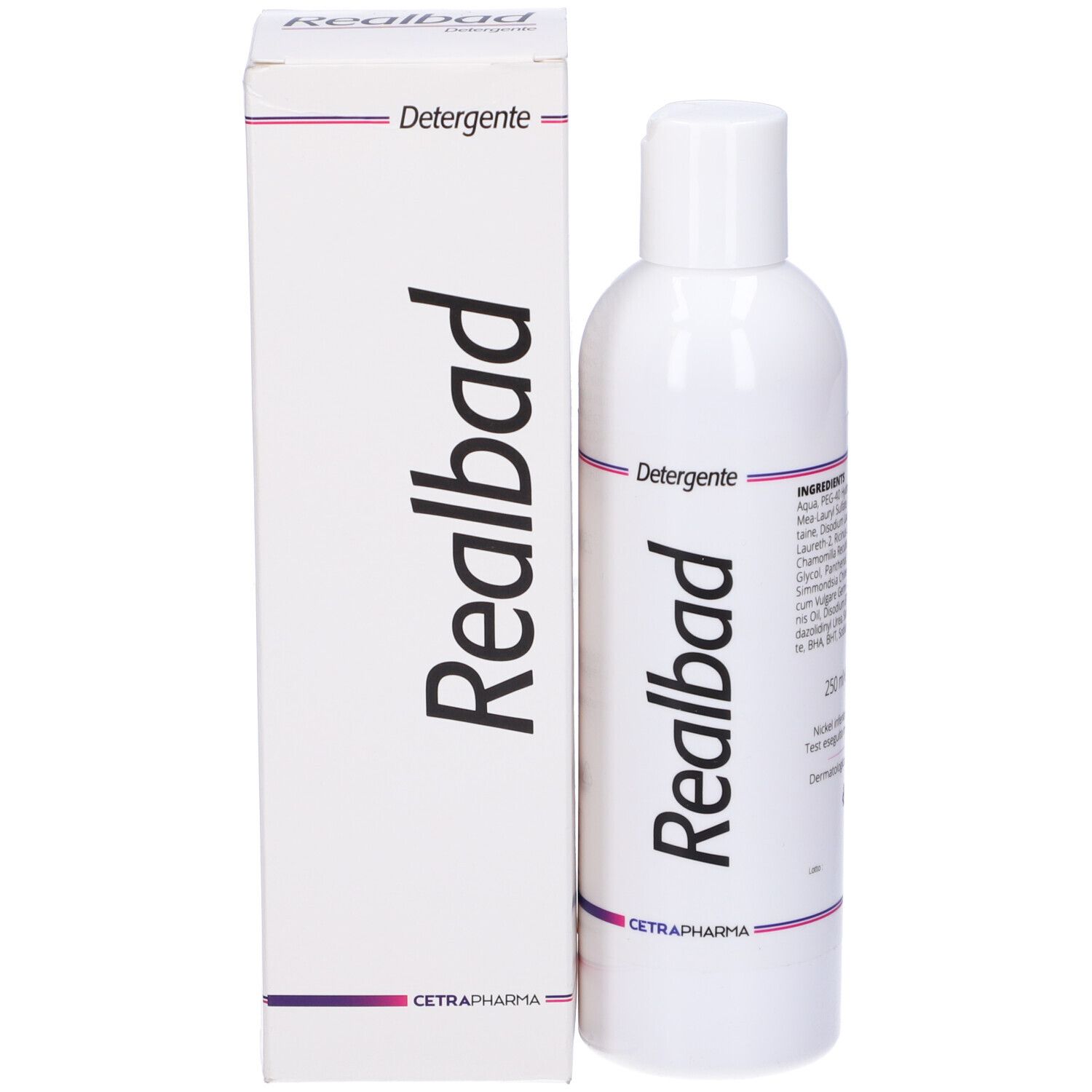 Flacone e scatola. "Realbad" e "Detergente" visibili. Strisce viola. 250 ml.