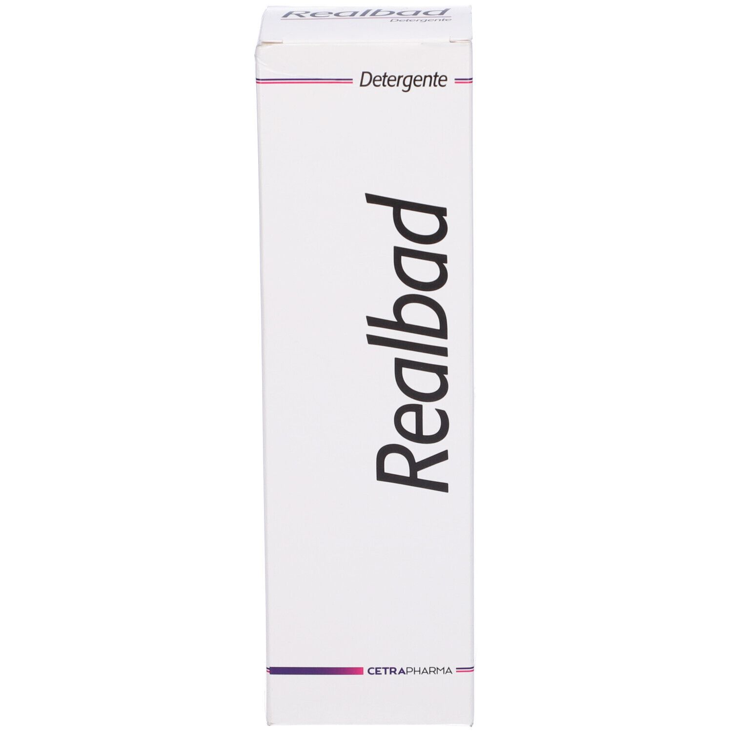 Scatola bianca con logo "Realbad". Scritto "Detergente". Strisce e testo viola.
