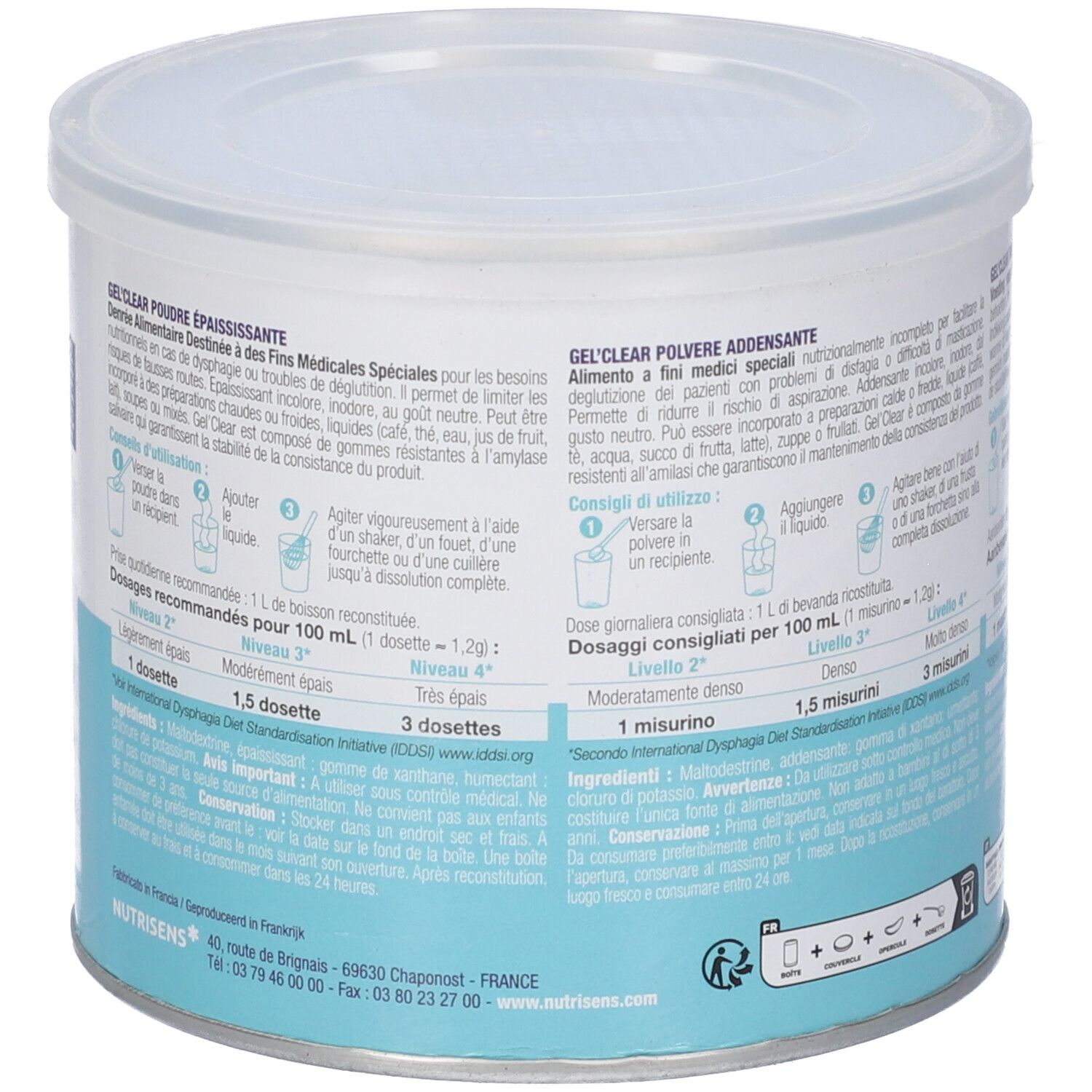 Barattolo rotondo, retro. Testo in più lingue. Istruzioni per l'uso e raccomandazioni di dosaggio. Marchio Nutrisens.