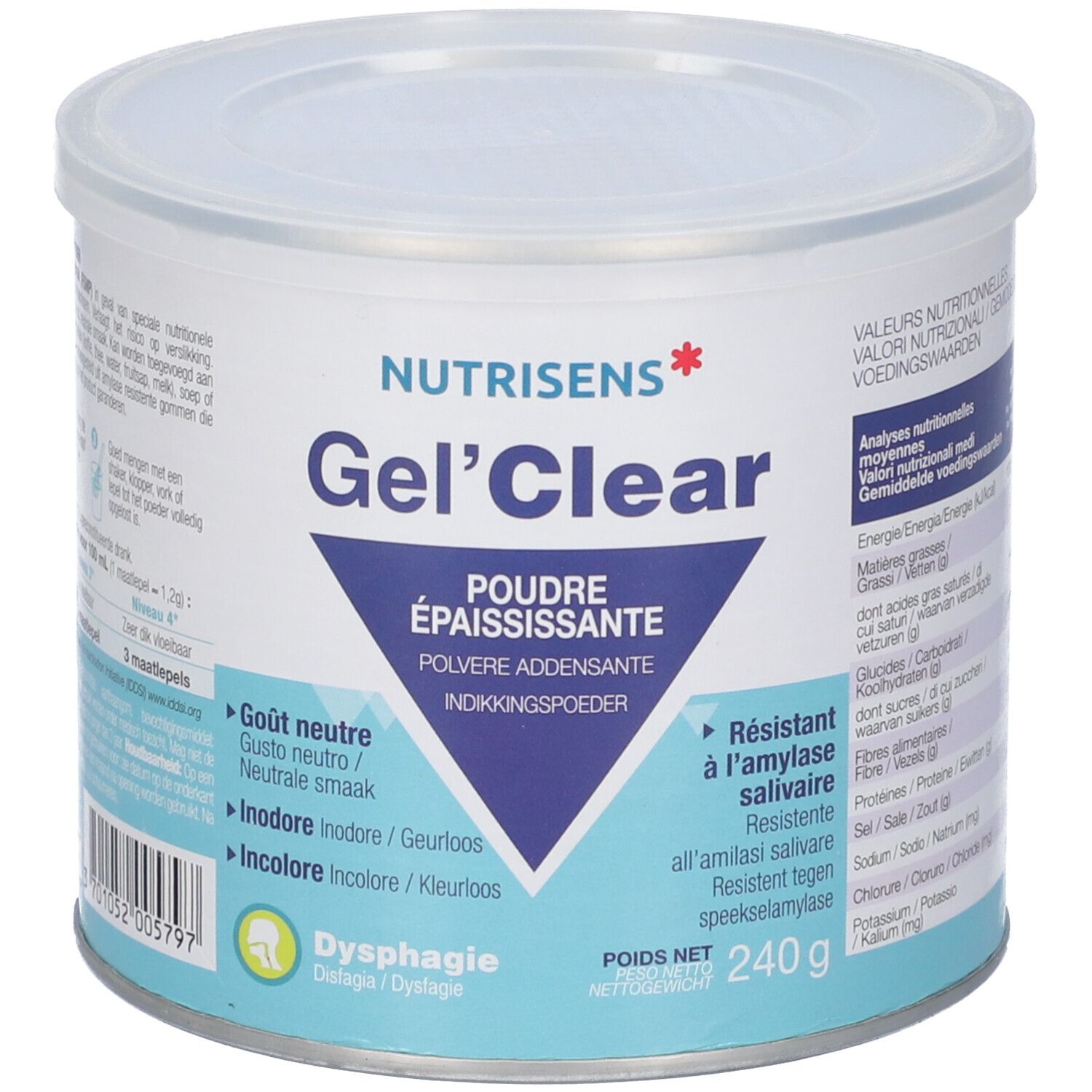 Barattolo rotondo con coperchio. Scritta Gel'Clear, Poudre épaississante. Triangolo blu con testo. 240g. Marchio Nutrisens.