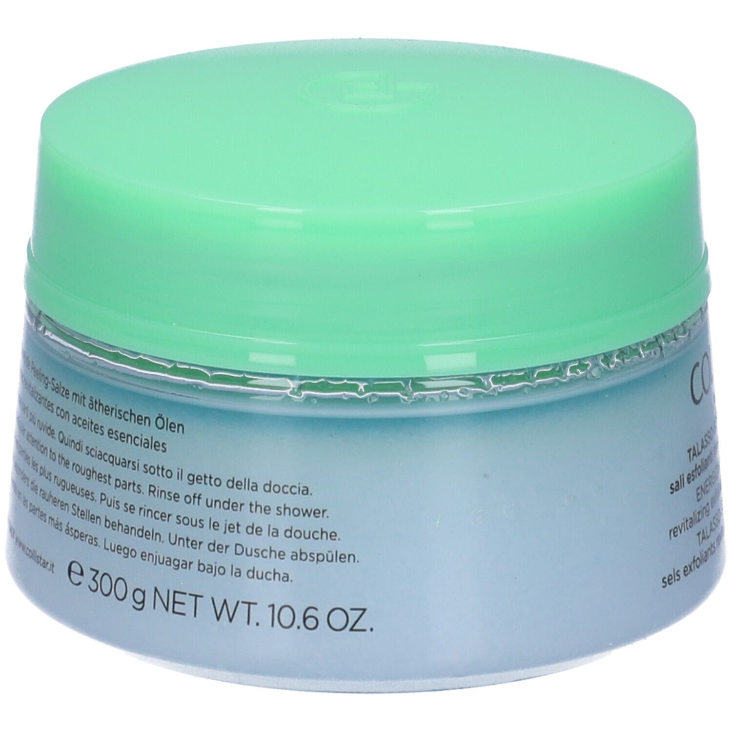 Barattolo rotondo con coperchio verde. Scritta: COLLISTAR, TALASSO-SCRUB ENERGIZZANTE. Testo multilingue. Peso netto 10.6 OZ.