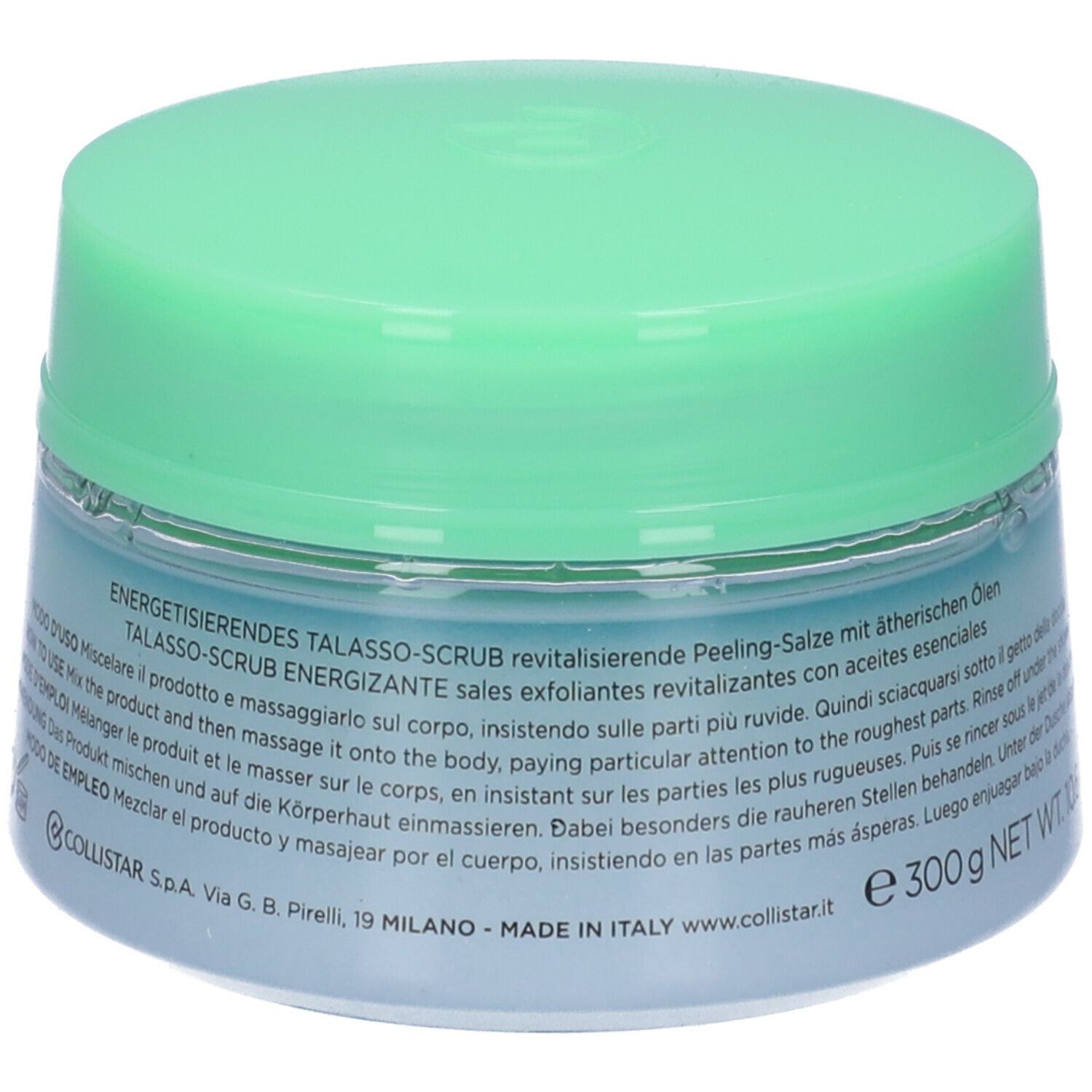 Barattolo rotondo con coperchio verde. Scritta: TALASSO-SCRUB ENERGIZZANTE. Testo multilingue. Peso netto 300 g.