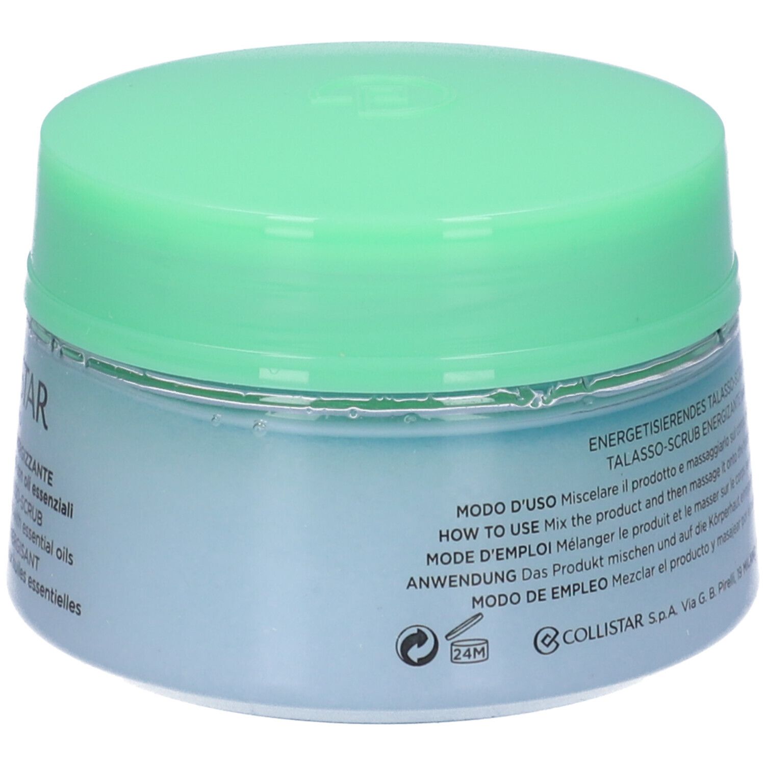 Barattolo rotondo con coperchio verde. Scritta: COLLISTAR, TALASSO-SCRUB ENERGIZZANTE. Istruzioni per l'uso. Simbolo 24M.