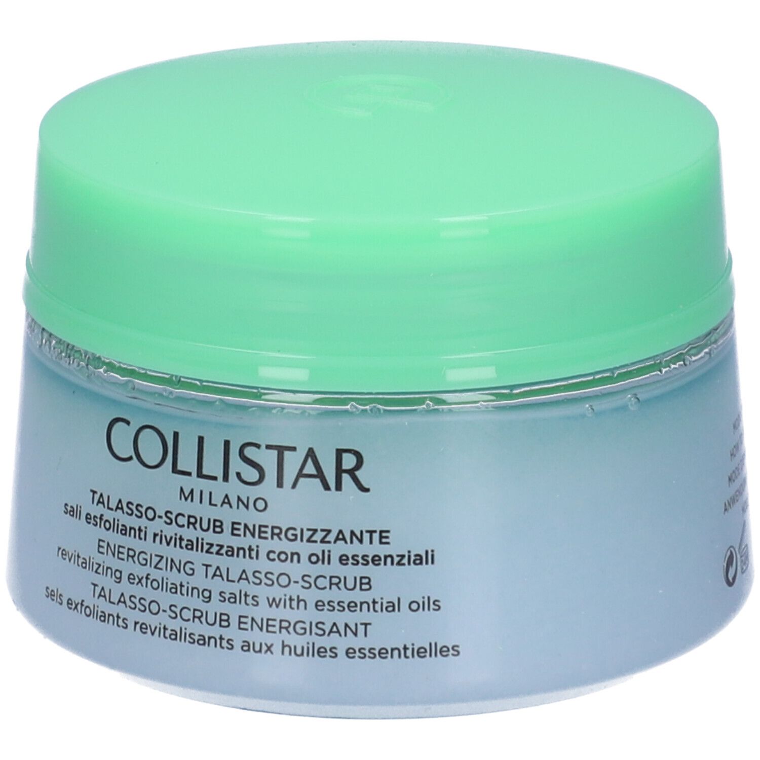 Barattolo rotondo con coperchio verde. Scritta: COLLISTAR MILANO, TALASSO-SCRUB ENERGIZZANTE. Testo multilingue.