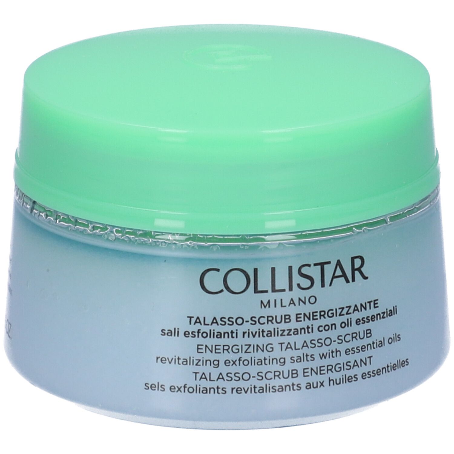 Barattolo rotondo con coperchio verde. Scritta: COLLISTAR MILANO, TALASSO-SCRUB ENERGIZZANTE. Testo multilingue.