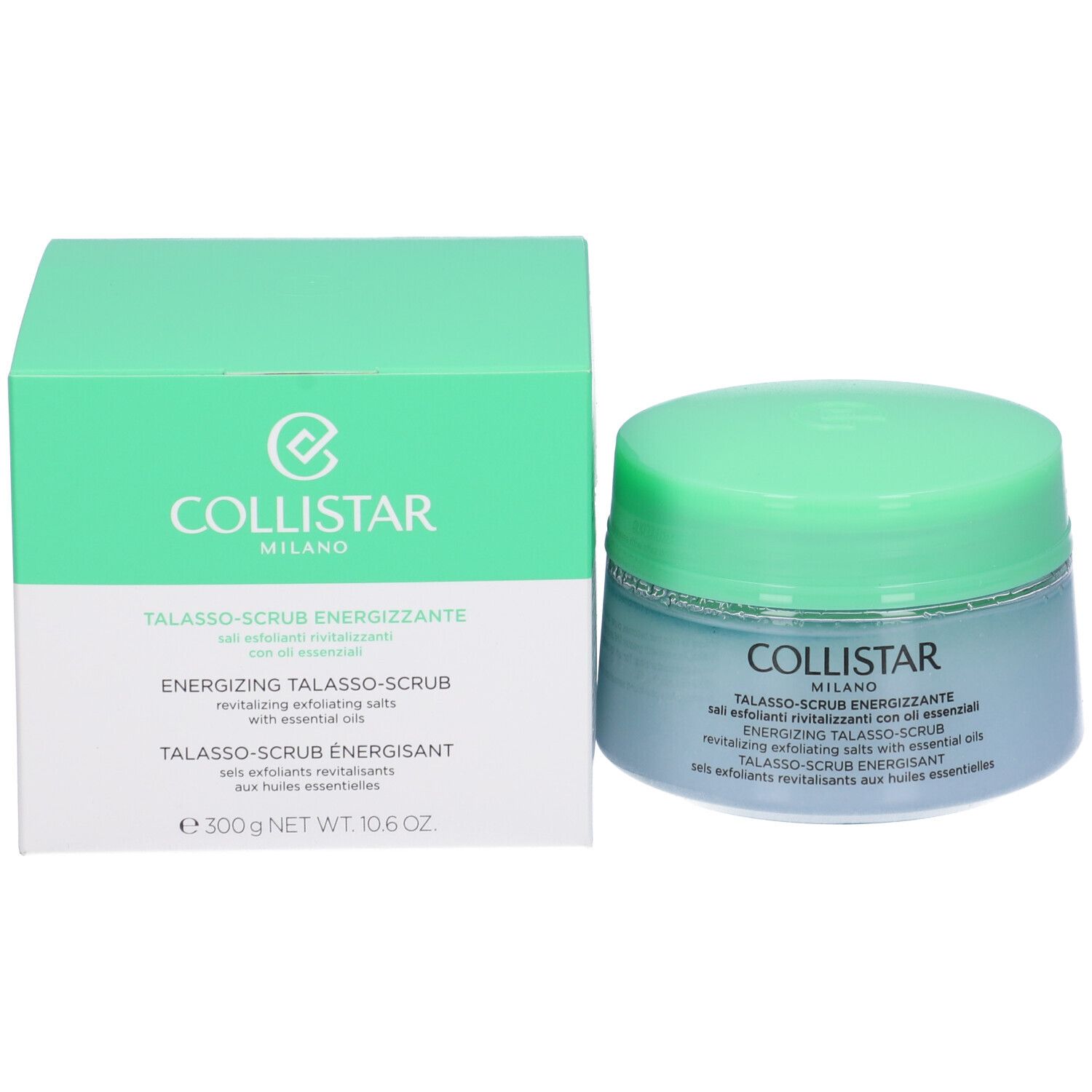 Prodotto e confezione. Barattolo con coperchio verde e scatola. Scritta: COLLISTAR, TALASSO-SCRUB ENERGIZZANTE. Peso netto 10.6 OZ.