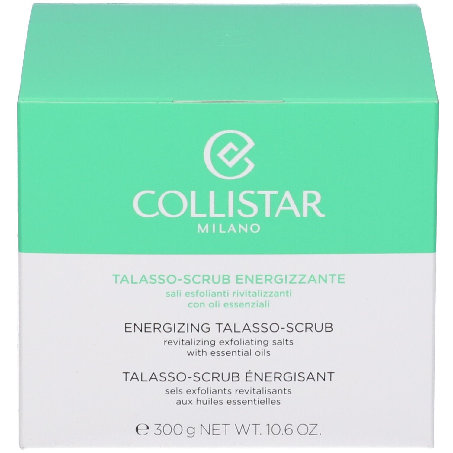 Confezione in cartone. Scritta: COLLISTAR MILANO, TALASSO-SCRUB ENERGIZZANTE. Peso netto 10.6 OZ.