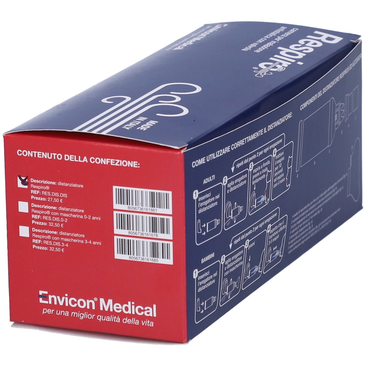 Scatola blu "Respiro" con contenuto. Contiene distanziatore e accessori. Prezzi visibili.