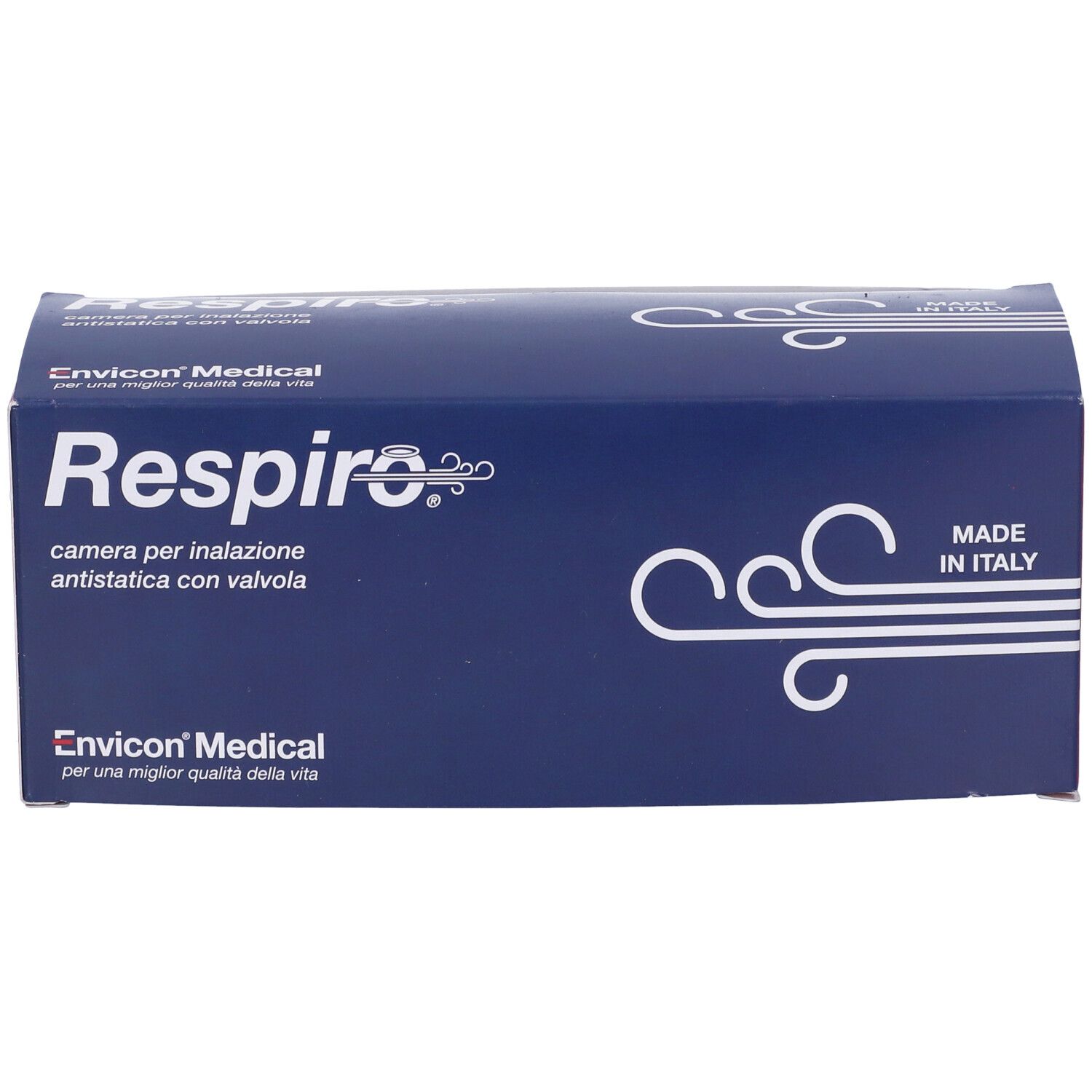 Scatola blu "Respiro", "Made in Italy". Contiene camera per inalazione con valvola.