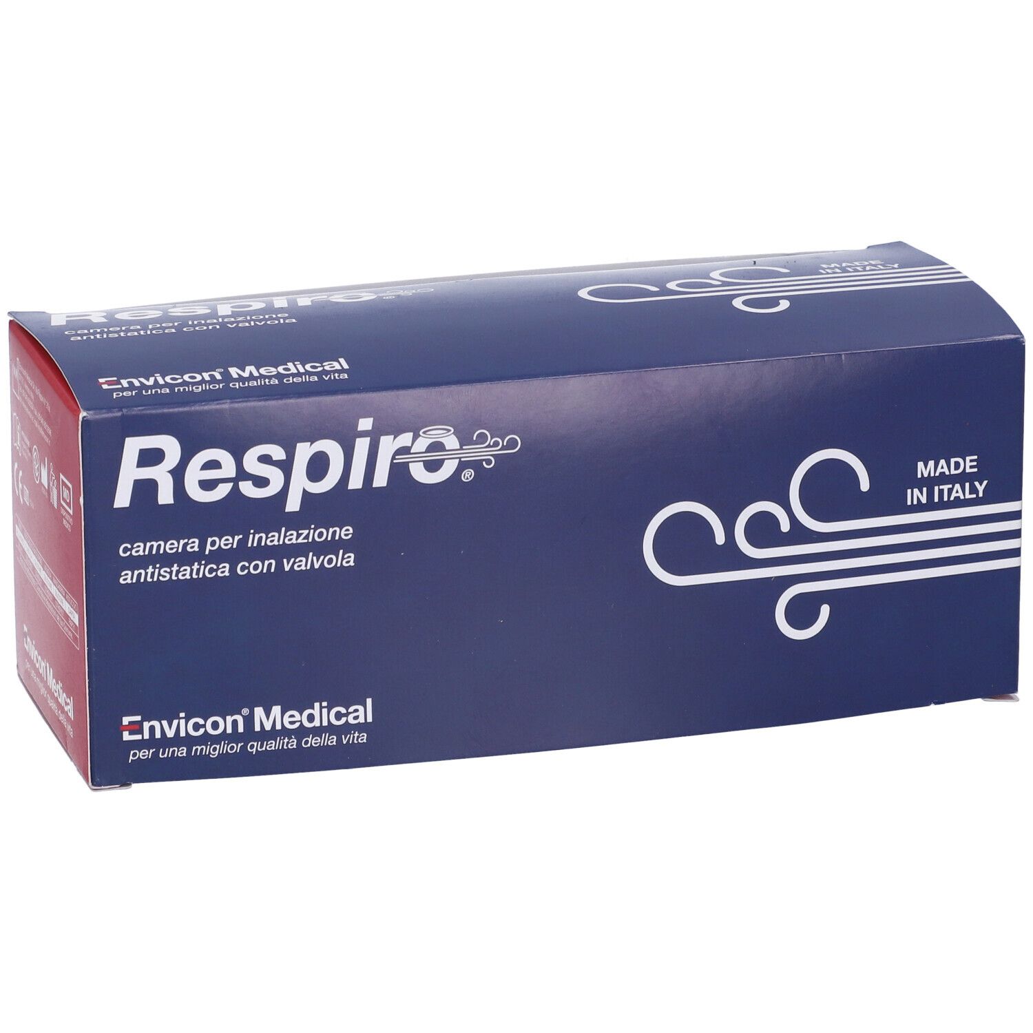 Scatola blu "Respiro", "Made in Italy". Contiene camera per inalazione con valvola.