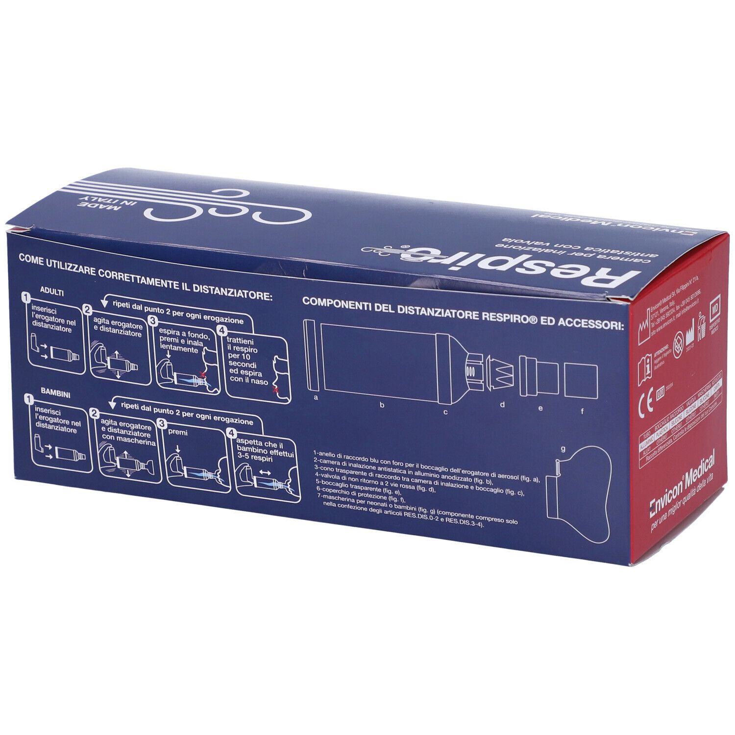 Confezione blu e rossa con nome Respiro e logo del produttore. Retro con istruzioni e componenti.