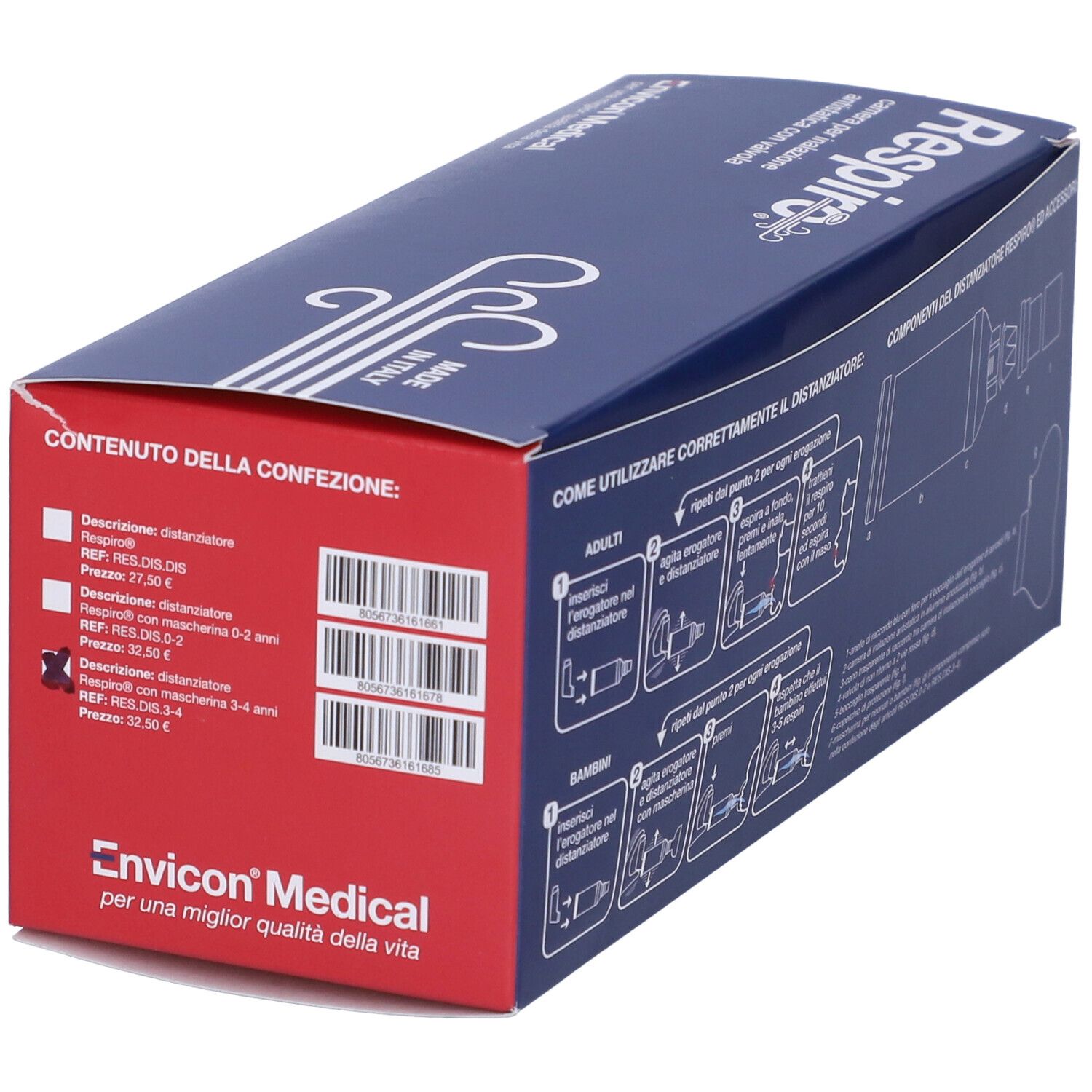 Confezione blu e rossa con nome Respiro e logo del produttore. Retro con informazioni e codici a barre.