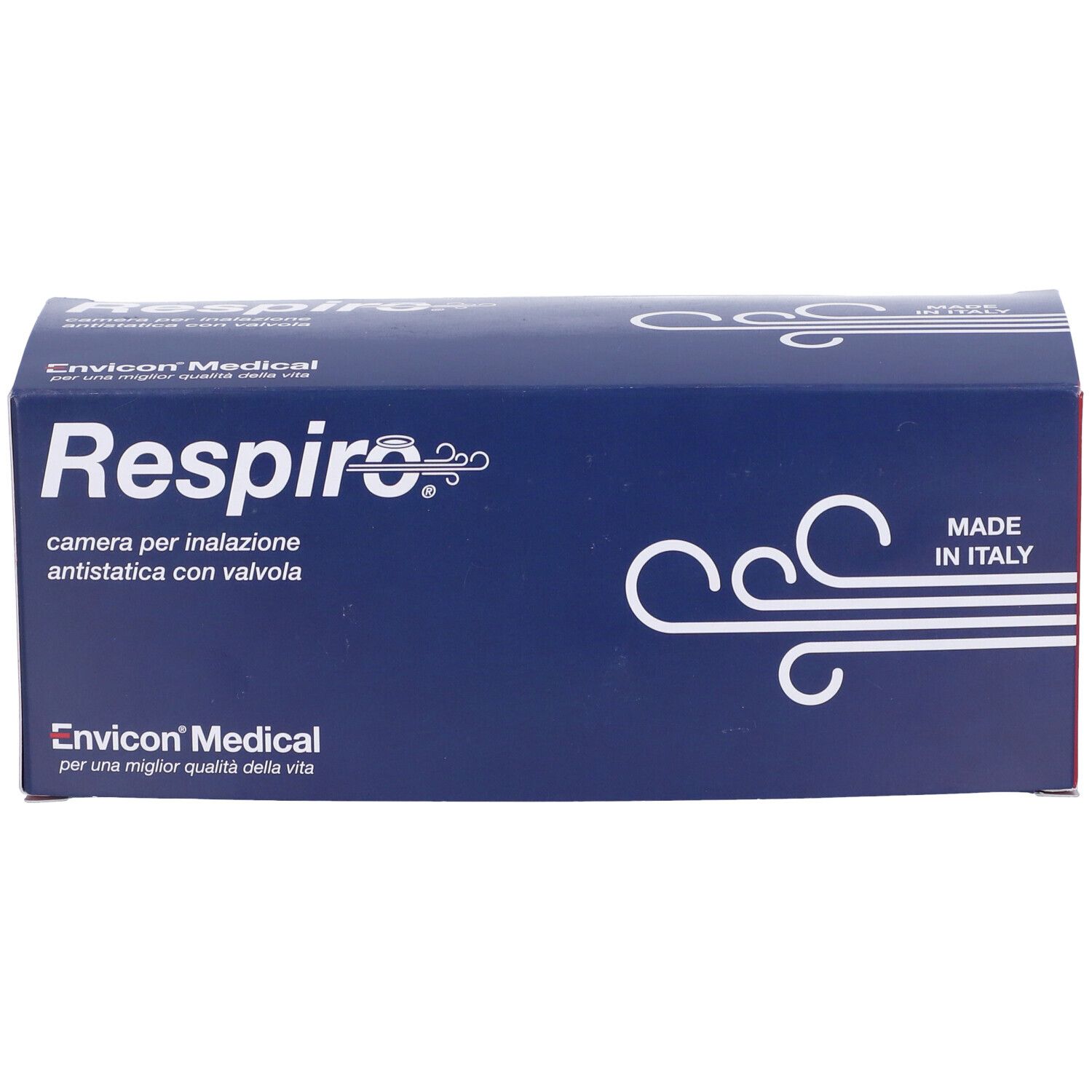 Confezione blu e rossa con nome Respiro e logo del produttore. Testo: camera per inalazione antistatica con valvola.
